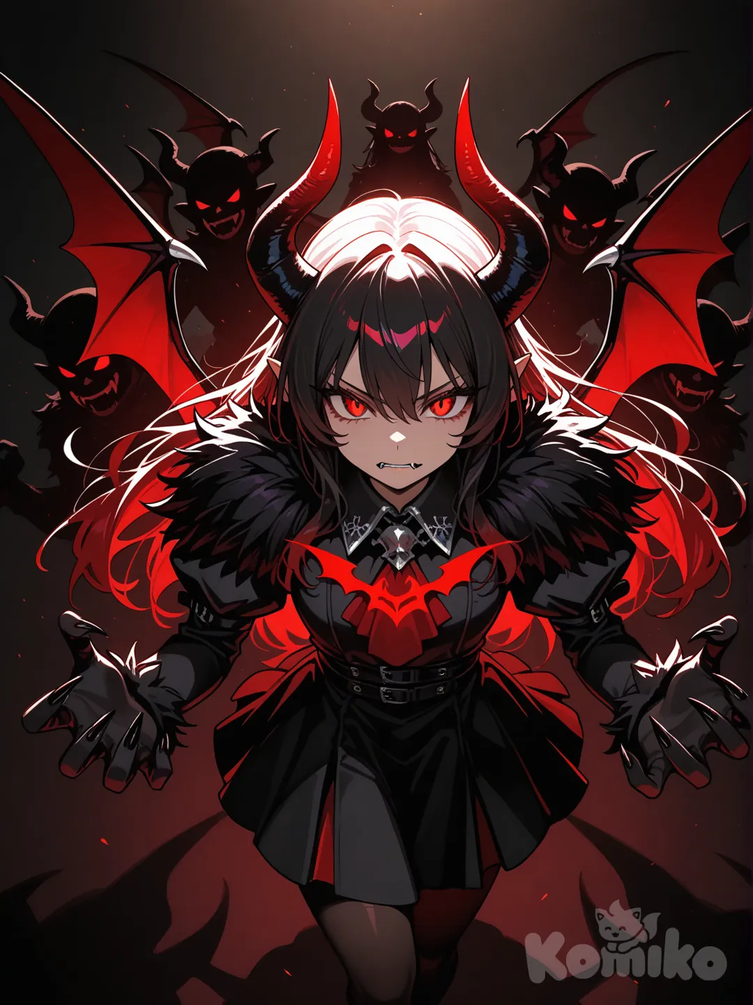 1girl, demonic creature, glowing red eyes, dark wings, surrounded by shadows, intense focus, high contrast