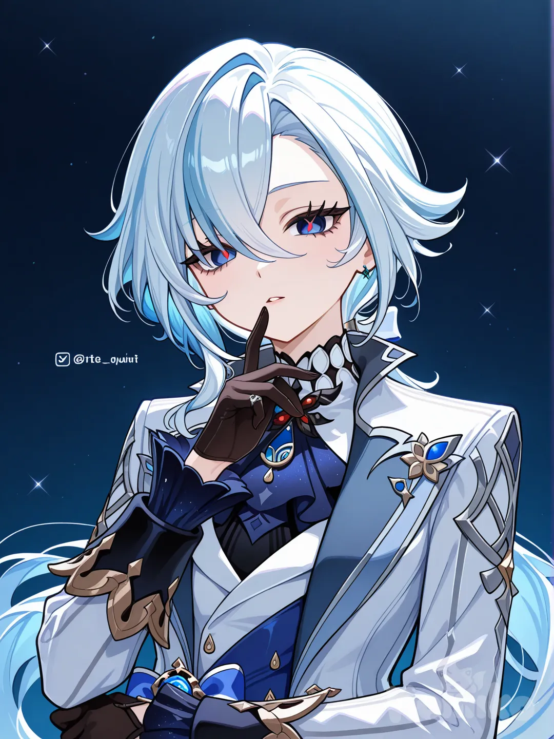 @Arlecchino_(Genshin_Impact) with blue eyes, wearing , @Furina_(Genshin_Impact) clothes