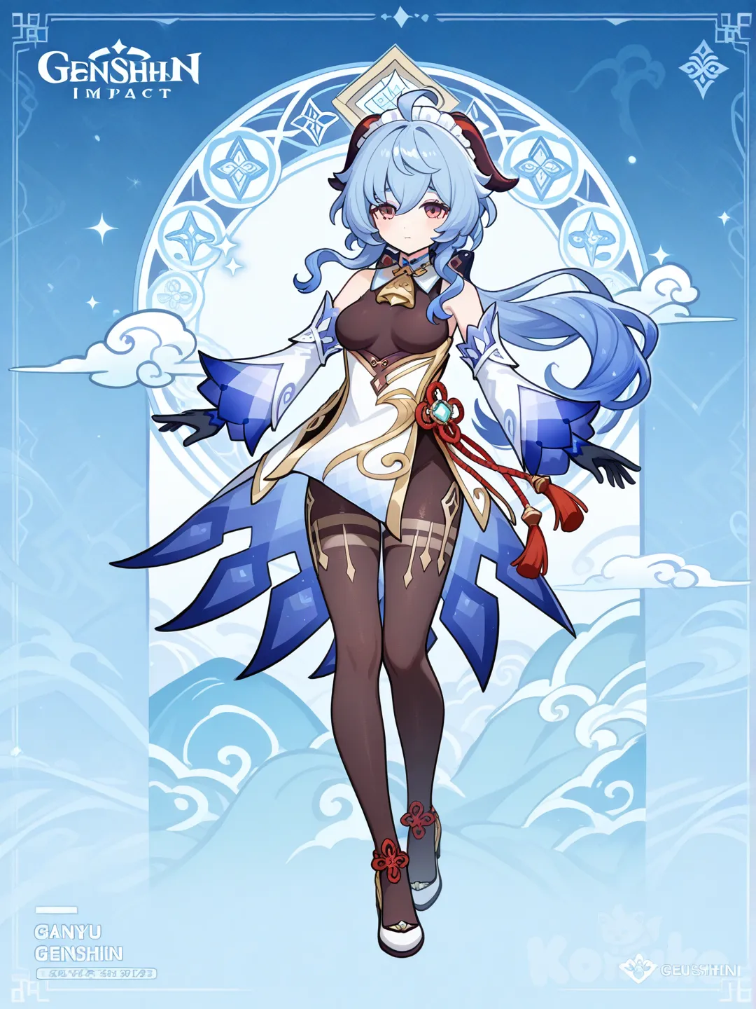 @Ganyu_(Genshin_Impact) with her blue hair wearing the clothes of @Cloud_Retainer_(Genshin_Impact) with all the pantyhose ,gloves an all the clothes that wears @Cloud_Retainer_(Genshin_Impact)