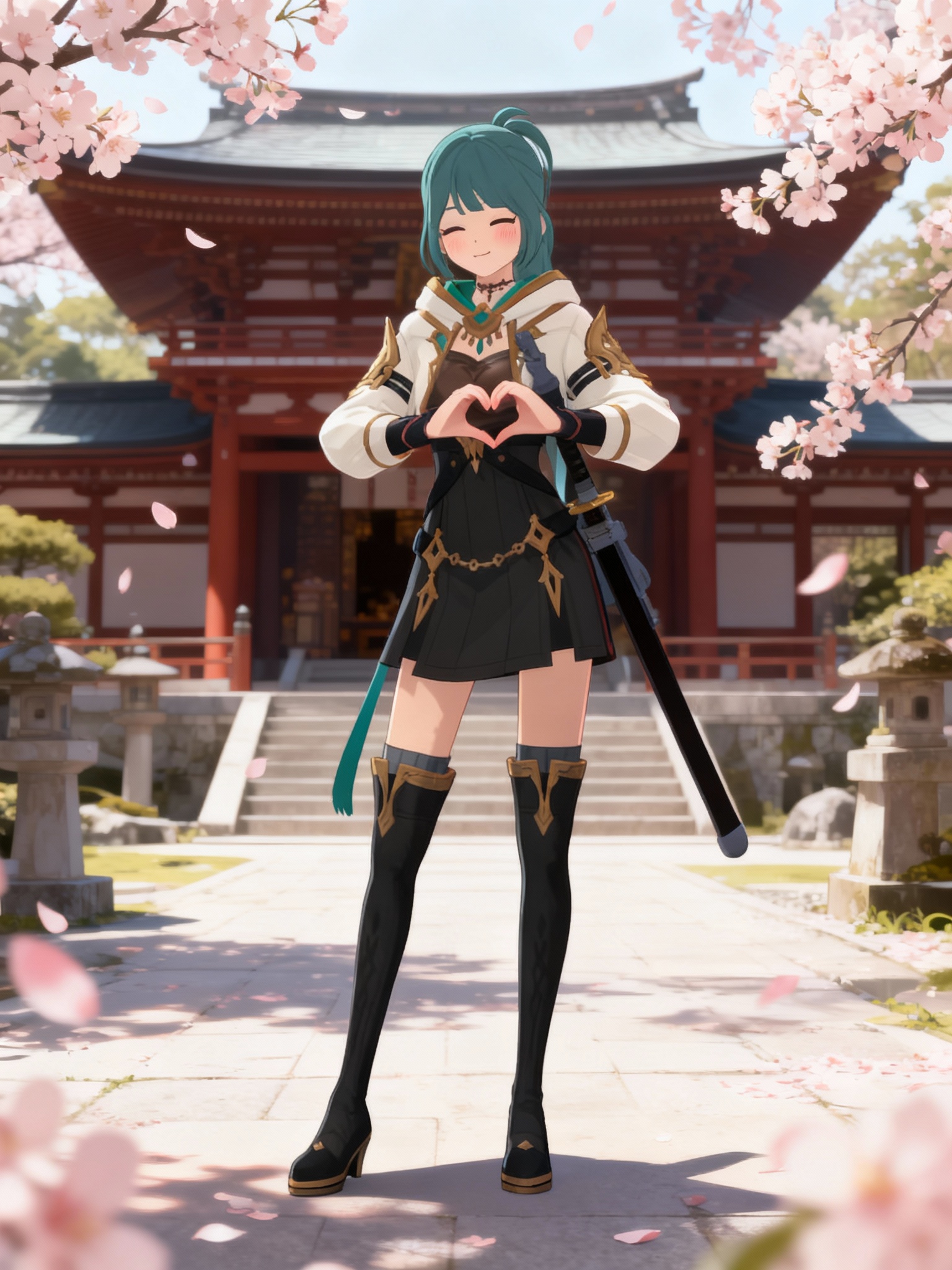 @prototype004-k23i,cherry blossoms floating,Japanese temple setting, blush, full body, [soft-wash-sketch-style], heart hands