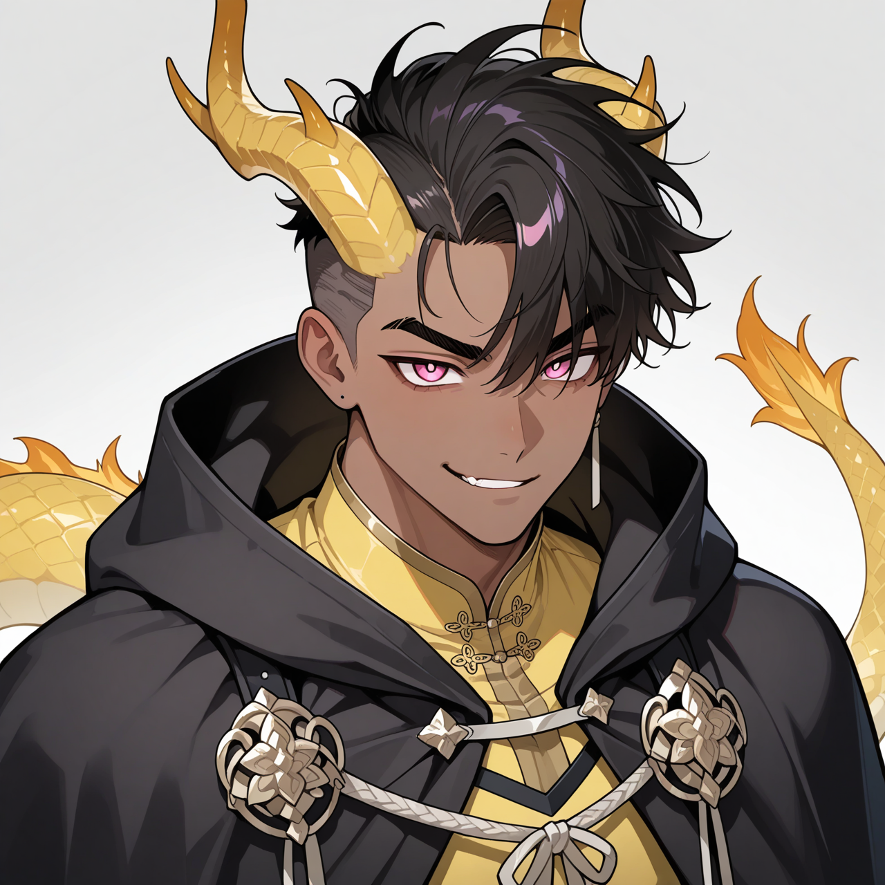1male young adult, 1male dragon features, 1male dark-skinned, 1male small waist, 1male muscular, 1male tall stature, 1male black hair, 1male medium length bangs, 1male black mohawk, 1male kpop mohawk, 1male pink eyes, 1male thick eyebrows, 1male long legs, 1male lean, 1male thin, 1Male iris size large, 1male large eyes, 1male smirks, 1male eyebrows relaxed, 1male undercut hair, 1male yellow dragon horns, 1male yellow dragon tail, 1male yellow scales, medieval shirt, arm guards, black hooded cape, portrait, headshot, [glossy-anime-style]