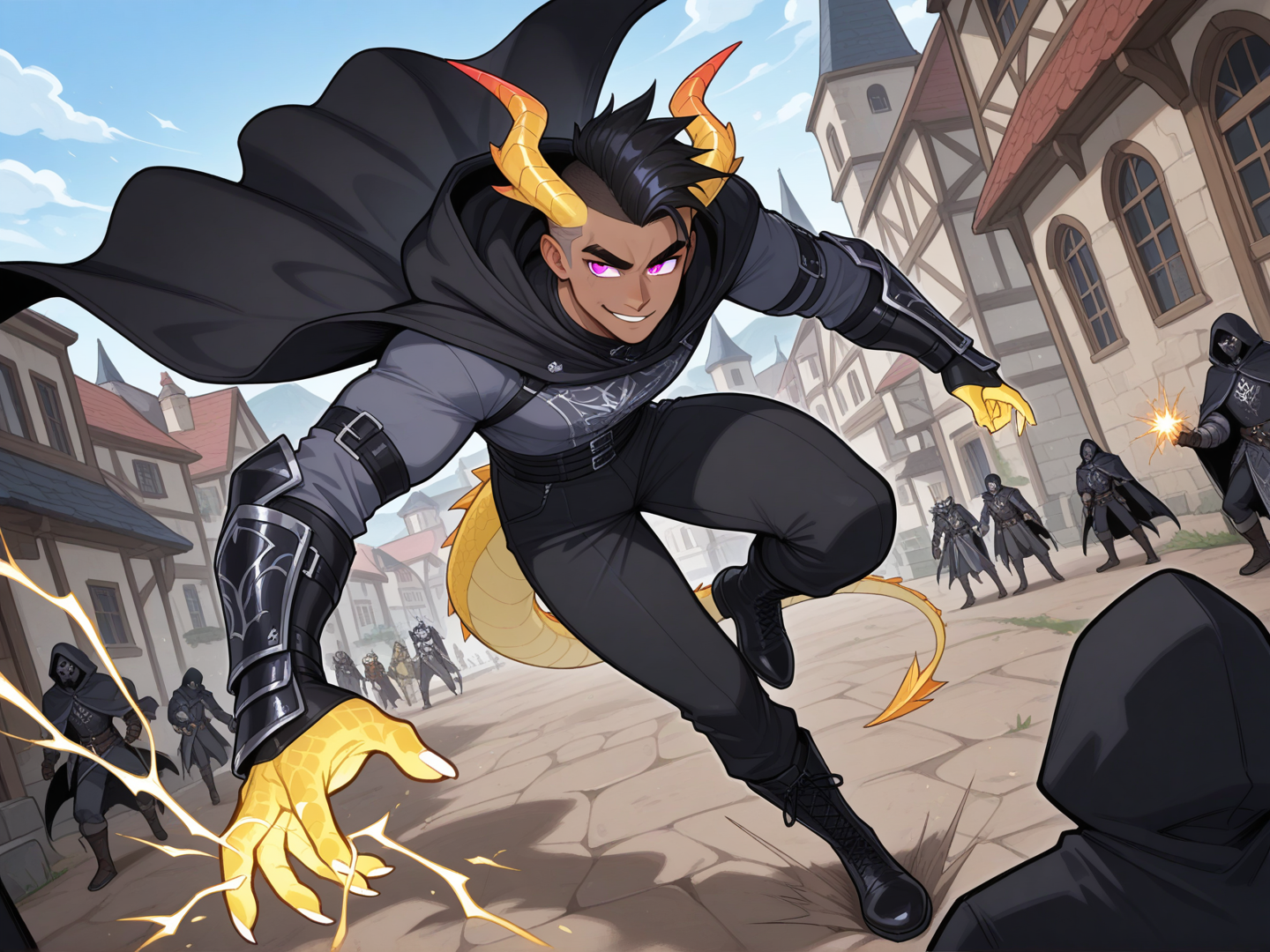 1male adult, 1male dragon features, 1male dark-skinned, 1male small waist, 1male muscular, 1male tall stature, 1male black hair, 1male medium length bangs, 1male black mohawk, 1male kpop mohawk, 1male pink eyes, 1male thick eyebrows, 1male long legs, 1male lean, 1male thin, 1Male iris size large, 1male large eyes, 1male smirks, 1male eyebrows relaxed, 1male undercut hair, rogue class, 1male fantasy rogue outfit, 1male yellow dragon horns, 1male yellow dragon tail, 1male yellow scales, black boots, high waisted pants, fitted pants, medieval shirt, arm guards, black hooded cape, dynamic pose, electricity from daggers, daggers in both hands, [glossy-anime-style]day, surrounded by fantasy enemies, being attacked, looking away, closeup