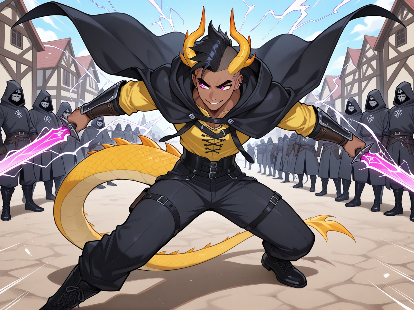 1male adult, 1male dragon features, 1male dark-skinned, 1male small waist, 1male muscular, 1male tall stature, 1male black hair, 1male medium length bangs, 1male black mohawk, 1male kpop mohawk, 1male pink eyes, 1male thick eyebrows, 1male long legs, 1male lean, 1male thin, 1Male iris size large, 1male large eyes, 1male smirks, 1male eyebrows relaxed, 1male undercut hair, rogue class, 1male fantasy rogue outfit, 1male yellow dragon horns, 1male yellow dragon tail, 1male yellow scales, black boots, high waisted pants, fitted pants, medieval shirt, arm guards, black hooded cape, dynamic pose, electricity from daggers, daggers in both hands, [glossy-anime-style]day, surrounded by fantasy enemies, being attacked, looking away, closeup