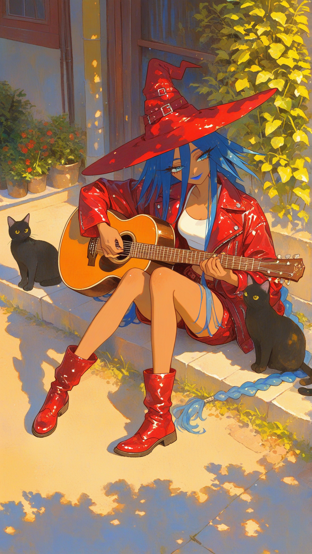 1girl, very tall female, very long legs, dark-skinned female, cerulean blue eyes, blue hair, very long hair, single braid, long bangs, dark blue eyebrows, blue lipstick, medium-long nose, long face, smile, tsurime, long eyelashes, black eyelashes, red shorts, white crop top, off shoulder crop top, red leather boots, red leather jacket, black cat, red witch hat, [sweet-painting-style], full body, wide shot, market street, day, dappled sunlight, holding acoustic guitar, playing acoustic guitar, sitting on street corner