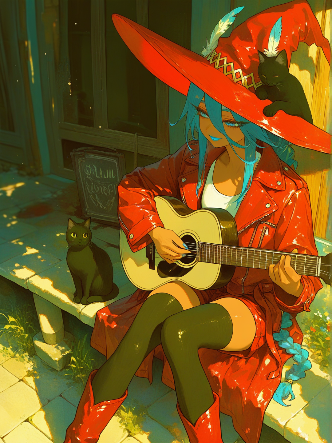 1girl, very tall female, mature female, flat chest, thin, very long legs, dark-skinned female, cerulean blue eyes, blue hair, very long hair, single braid, long bangs, dark blue eyebrows, blue lipstick, long face, smile, tsurime, long eyelashes, black eyelashes, red shorts, white crop top, red leather boots, red leather jacket, black cat, red witch hat, feather on witch hat, black thighhighs, [sweet-painting-style], market street, morning, dappled sunlight, holding acoustic guitar, playing acoustic guitar, sitting on street corner