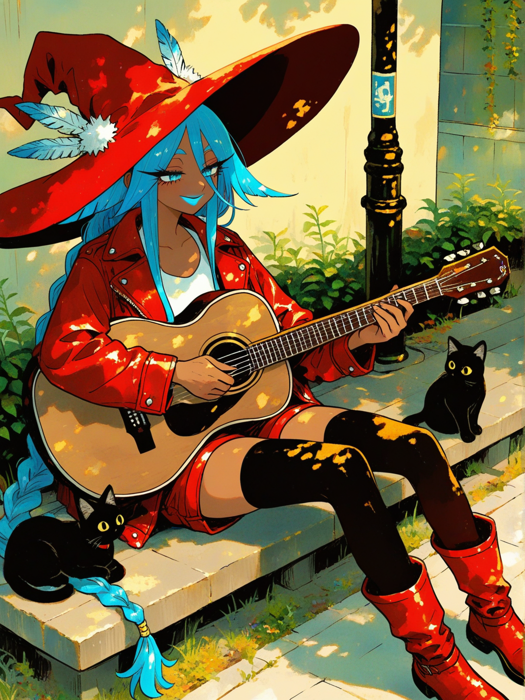 1girl, very tall female, mature female, flat chest, thin, very long legs, dark-skinned female, cerulean blue eyes, blue hair, very long hair, single braid, long bangs, dark blue eyebrows, blue lipstick, long face, smile, tsurime, long eyelashes, black eyelashes, red shorts, white crop top, red leather boots, red leather jacket, black cat, red witch hat, feather on witch hat, black thighhighs, [sweet-painting-style], market street, morning, dappled sunlight, holding acoustic guitar, playing acoustic guitar, sitting on street corner