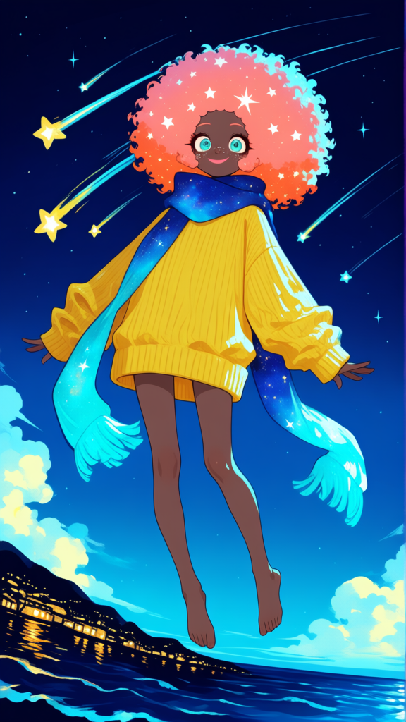 1female, 1female adult, dark-skinned female, salmon pink hair, afro, extra large afro, salmon pink lips, small nose, medium height, African-American nose, thin, flat chest, skinny, oversized canary-yellow sweater, ribbed turtleneck sweater, oversized long sleeves, large oversized mint scarf, very long scarf, large eyes, mint colored eyes, wide rounded eyes, long eyelashes, black eyelashes, starry hair, galaxy hair, no shoes, no socks, white freckles, no bangs, curls, hair edges, starry scarf, gradient blue scarf, smile, full body, scarf wrapped around neck, scarf blowing in wind, hair blowing in wind. Eyelids lowered. Galaxy print scarf. In Japanese Seaside town, flying through town, flies down town roads, looking at houses and town buildings, night, starry sky, [sweet-painting-style], oceanside town, cloud, sky, wide shot, ultra-wide shot, outstretched arms, 1girl far in background, dark shading, backlighting, shooting stars, painterly, 1girl fly into camera