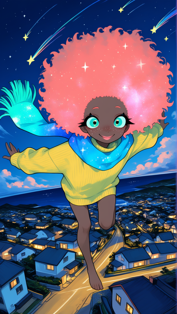 1female, 1female adult, dark-skinned female, salmon pink hair, afro, extra large afro, salmon pink lips, small nose, medium height, African-American nose, thin, flat chest, skinny, oversized canary-yellow sweater, ribbed turtleneck sweater, oversized long sleeves, large oversized mint scarf, very long scarf, large eyes, mint colored eyes, wide rounded eyes, long eyelashes, black eyelashes, starry hair, galaxy hair, no shoes, no socks, white freckles, no bangs, curls, hair edges, starry scarf, gradient blue scarf, smile, full body, scarf wrapped around neck, scarf blowing in wind, hair blowing in wind. Eyelids lowered. Galaxy print scarf. In Japanese Seaside town, flying through town, flies down town roads, looking at houses and town buildings, night, starry sky, [sweet-painting-style], oceanside town, cloud, sky, wide shot, ultra-wide shot, outstretched arms, 1girl far in background, dark shading, backlighting, shooting stars, painterly, 1girl fly into camera, dynamic camera view, bird's-eye view, closeup