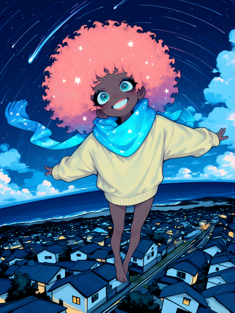 1female, 1female adult, dark-skinned female, salmon pink hair, afro, extra large afro, salmon pink lips, small nose, medium height, African-American nose, thin, flat chest, skinny, oversized canary-yellow sweater, ribbed turtleneck sweater, oversized long sleeves, large oversized mint scarf, very long scarf, large eyes, mint colored eyes, wide rounded eyes, long eyelashes, black eyelashes, starry hair, galaxy hair, no shoes, no socks, white freckles, no bangs, curls, hair edges, starry scarf, gradient blue scarf, smile, full body, scarf wrapped around neck, scarf blowing in wind, hair blowing in wind. Eyelids lowered. Galaxy print scarf. Bottom eyelids slightly raised. In Japanese Seaside town, flying through town, flies down town roads, looking at houses and town buildings, night, starry sky, [sweet-painting-style], oceanside town, cloud, sky, wide shot, ultra-wide shot, outstretched arms, 1girl far in background, dark shading, backlighting, shooting stars, painterly, 1girl fly into camera, dynamic camera view, bird's-eye view, closeup, grin, 1girl star trail