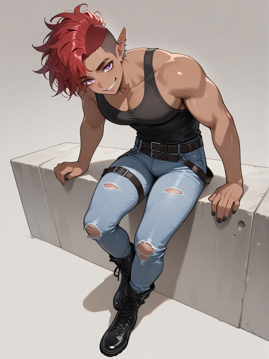 [glossy-anime-style], 1male elf, dark-skinned, young adult, lean muscle, slender, lean, large chest, large pecs, red hair, undercut, fluffy mohawk, side-parted hair, thick eyebrows, purple eyes, eyebrow cut, slightly thick lips, elf ears, pierced ears, multiple earrings, Black Tank top, low-cut tank top, tight jean pants, distressed jeans, red combat boots, multiple belts, sharp canine teeth, tareme, upturned eye corners, handsome, black nails. full body, smile, half-smirk, front profile photo