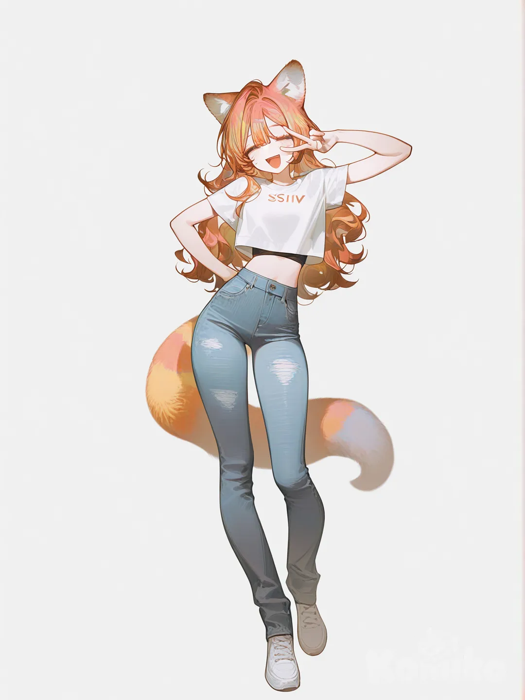 furry, anthropomorphic character, cute, smiling, colorful fur, vibrant eyes, playful pose, ultra-[high-contrast-glossy-style], v sign, 1girl, laughing, open mouth, smile, crop top, tight pants, jeans, wolf ears, wavy hair, rainbow, full body, white background