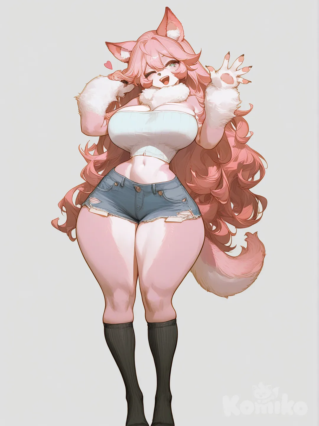 1girl, [high-contrast-glossy-style],smile, laughing, open mouth, one eye closed, blush, crop top, Jean shorts, very long hair, wavy hair, kneehighs, black kneehighs, slim arms, flat belly, petite lips, narrow waist, enormous breasts, wide hips, massive hips, heart-shaped ass, enormous ass, enormous ass, thick thighs, no humans, cutesexyrobutts, full body, no shoes, furry female, wolf ears, wolf tail, wolf girl, snout, wolf paws, pink fur, pink hair, body fur, neck fur, white background, lie on stomache, waving