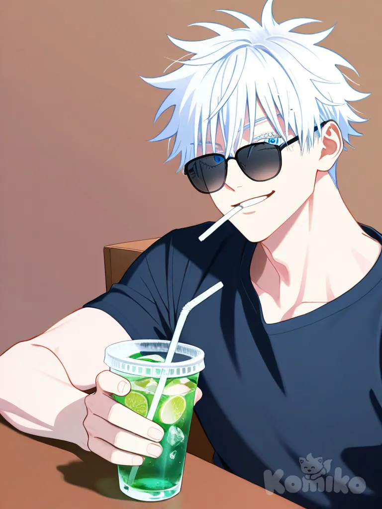 @Gojou_Satoru, sunglasses, drinking straw in mouth