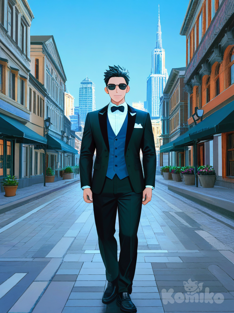 1boy, tuxedo, sunglasses, blue sky, skyscraper