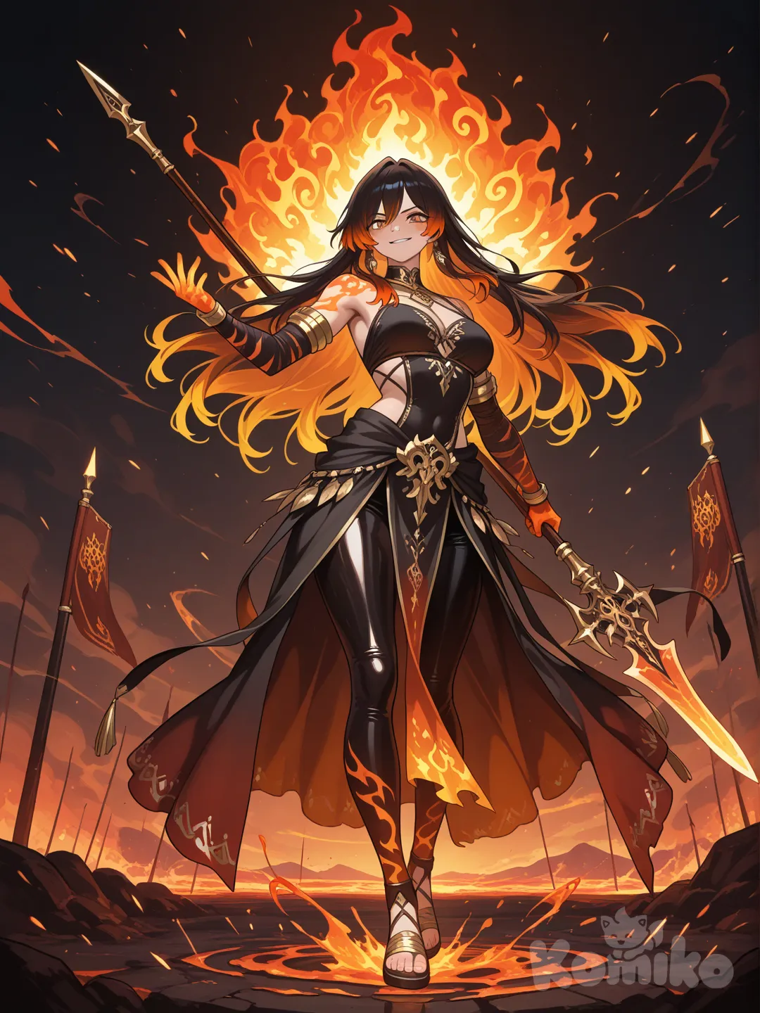 female fantasy warrior with fiery energy, standing on a molten volcanic plateau surrounded by flowing lava streams, cracked obsidian ground glowing with heat, sunset sky filled with drifting embers and glowing ash clouds, distant volcanic mountains and tribal banners waving in the hot wind,

tall athletic woman with copper-golden skin that catches warm highlights, long flowing hair colored burnt crimson fading into ember-orange with charcoal black roots, glowing hair tips like smoldering fire, deep amber eyes with molten reflections, faint fire-shaped mark glowing on her hand, subtle heat shimmer around her silhouette,

wearing ceremonial flame dancer outfit — layered fabrics of charred silk, crimson and black gradients with gold trimmings, flame-shaped embroidery, asymmetrical flowing wraps, gold-edged shoulder guard shaped like curling smoke, sash decorated with feather charms and fine metal threads, fitted leather leggings, light sandals leaving glowing ember footprints,

accessories include a gold ear cuff shaped like curling fire, a choker of cooled magma beads, and metallic armlets faintly glowing with heat, holding a long ornate spear with a molten crystal core and golden engravings, tip blazing with contained flame energy,

pose: mid-dance combat stance, one foot lifted lightly above the ground, body turned gracefully with dynamic motion, left arm extended backward trailing faint flame wisps, right hand gripping the spear diagonally across her front, expression confident and fierce, smirk illuminated by firelight, hair and fabrics flowing dramatically,

lighting: cinematic warm glow, strong highlights from lava reflection, rim light outlining her silhouette, sparks and glowing embers floating in the air, soft haze of heat distortion in the background, golden particles drifting through volcanic mist,

style: hyper-fantasy illustration, dynamic composition, rich atmospheric lighting, painterly texture with smooth rendering, vibrant color palette of ember red, molten gold, volcanic black, fine attention to fabric detail, realistic but stylized proportions