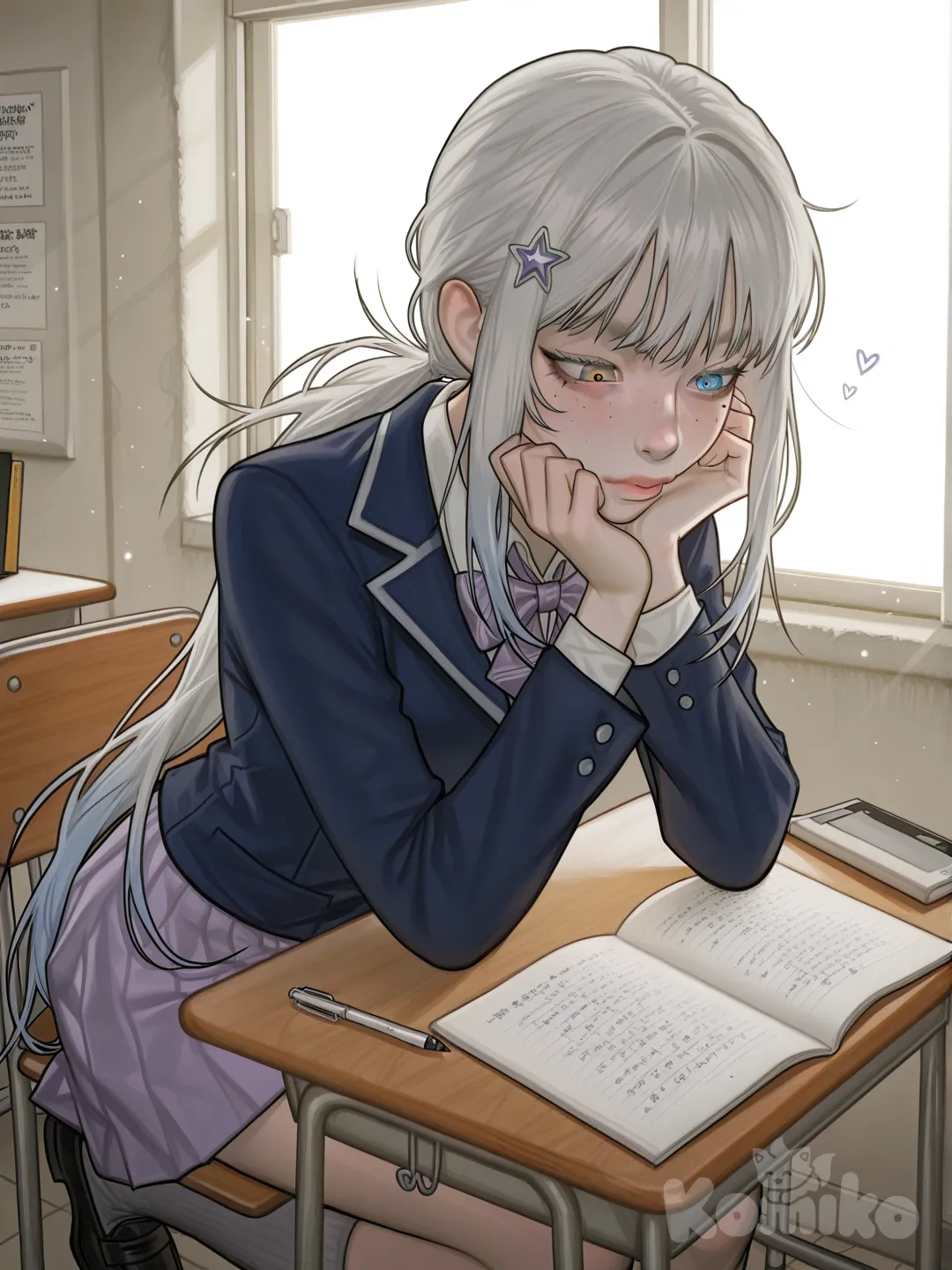 1girl, heart-shaped face, smooth porcelain skin with a faint pearlescent glow, long pale eyelashes, heterochromia eyes — left eye soft lavender, right eye turquoise with faint circuit-like reflections, large glassy irises reflecting window light, delicate straight nose, soft rose-pink lips slightly parted, small beauty mark beneath the right eye, faint star-dust freckles across the cheeks, thin elegant brows with gentle arches, youthful refined features, ong moon-white hair fading into pale starlit blue at the tips, loosely tied low with soft strands framing her face, hair catching the sunlight in fine luminous threads, gentle thoughtful expression, eyes focused downward with quiet concentration, calm studious gaze, subtle warmth in her expression as if lost in thought, relaxed posture seated at a desk, one hand lightly holding a pen, the other resting against her cheek, faint holographic particles drifting subtly around her, serene academic mood, futuristic academy school uniform, crisp white blouse with soft luminescent fabric, slim navy-blue blazer with silver piping and faint holographic trim, pale lavender ribbon tie neatly fastened, pleated violet-blue skirt visible beneath the desk, knee-high grey socks with subtle glowing seam lines, polished black-and-silver loafers, thin star-shaped hairpin, sleek student desk with transparent holographic interface panels, digital notebook open displaying glowing handwritten notes, sunlight streaming through large classroom windows, soft dust motes floating in the light, clean modern classroom interior with subtle sci-fi accents, quiet afternoon atmosphere, gentle pastel color palette, [digital-painterly-style]