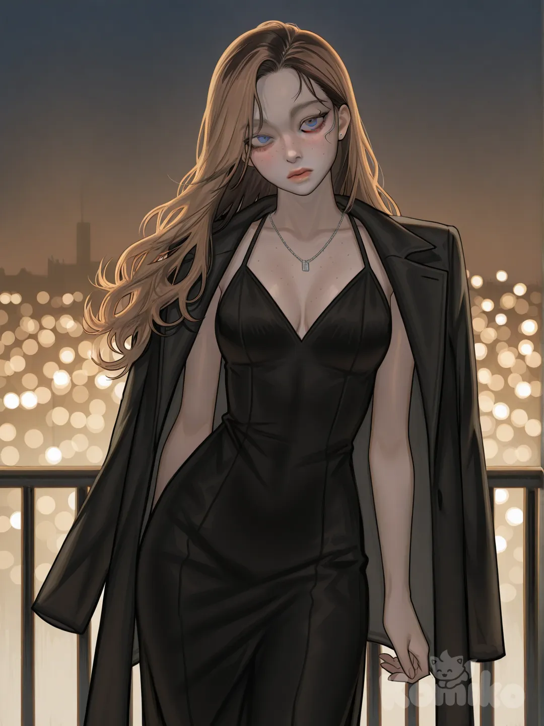 young woman, early twenties, slender lean build, 168 cm proportions, pale cool-toned skin, delicate freckles across nose bridge and upper cheeks, angular yet soft facial structure, high cheekbones, narrow jawline, asymmetrical eyebrows with one slightly higher, contemplative neutral expression, muted storm-grey eyes, slight heterochromic warmth between eyes, long ash-brown hair dyed rose-blonde at the ends, smooth with softly curled tips framing face, center-parted, subtle shine, wearing an elegant black fitted dress, clean minimalist cut, cinched waist, knee-length hem, soft flowing fabric, sleeveless with modest neckline resting just below collarbone, thin silver necklace resting against collarbone, small silver stud earrings, minimal refined makeup, defined lashes, soft eyeliner, neutral lips, calm composed demeanor, standing posture upright and poised, shoulders relaxed, chin slightly lifted, one hand resting lightly at side, the other gently touching coat lapel, black tailored coat draped over shoulders, low elegant heels, modern urban evening setting, cinematic soft lighting, shallow depth of field, realistic high-detail style, fashion aesthetic, quiet confidence, understated elegance, 1girl, [digital-painterly-style], portrait