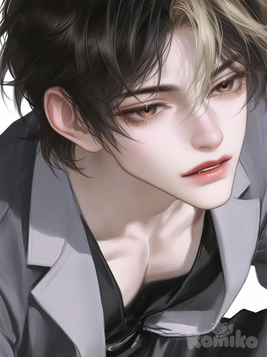 male, lean muscular build, defined muscles, broad shoulders, pale skin, black hair with professionally styled blonde streaks, warm brown eyes, youthful eye appearance, controlled posture, deliberate movements, striking stillness, sharp jawline, high cheekbones, straight nose, subtle stubble, slightly arched eyebrows, wearing tailored black dress shirt, fitted charcoal grey blazer, slim-fit black trousers, confident and composed expression, cinematic lighting, realistic skin texture, soft shadowing, sharp focus on face, modern sophisticated style, elegant and refined appearance, [semi-realistic-portrait-style], upper body