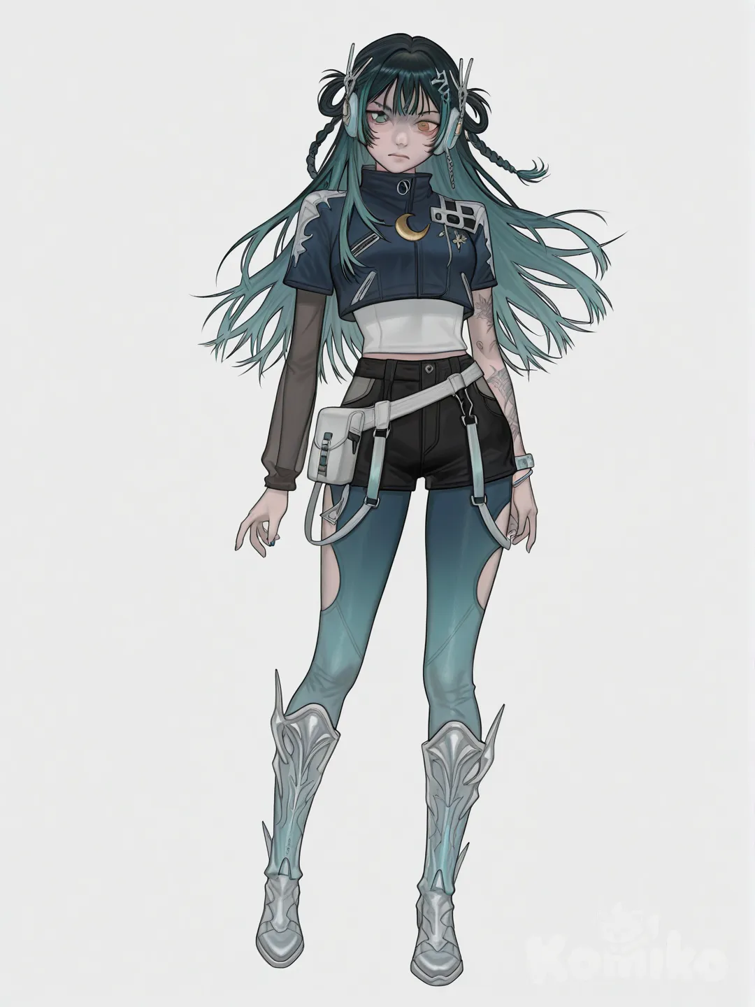 ⸻

female character, wuthering waves style, full body, standing pose, slender build, calm and focused expression, porcelain beige skin, oval face, sharp chin, soft cheekbones, tri layered eyes with jade gray outer ring, smoky silver middle ring, pale amber core, long black hair fading into muted teal and soft lilac at the ends, uneven feathered hair tips, partial side braids with thin metallic wire charms, asymmetrical cropped jacket in dark slate blue, high collar, one long sleeve one short sleeve, jade green inner lining, subtle waveform patterns on fabric, fitted bone white inner top with faint translucent side panels, high waisted charcoal shorts with bronze fasteners, angled hems, fitted leggings fading from dark gray to muted aqua at calves, mid calf boots with segmented armor plates, soft glowing nodes on boots, geometric glowing mark on inner left forearm, faint cyan and pale gold glow, resonance themed accessories, mismatched wrist bands, waist mounted prism device, floating crescent shaped catalyst with translucent panels, soft cyan glow effects, muted teal and bronze accents, futuristic fantasy outfit, frontier city aesthetic, clean anime rendering, high detail, sharp linework, soft lighting, cinematic atmosphere, 1girl, [digital-painterly-style]