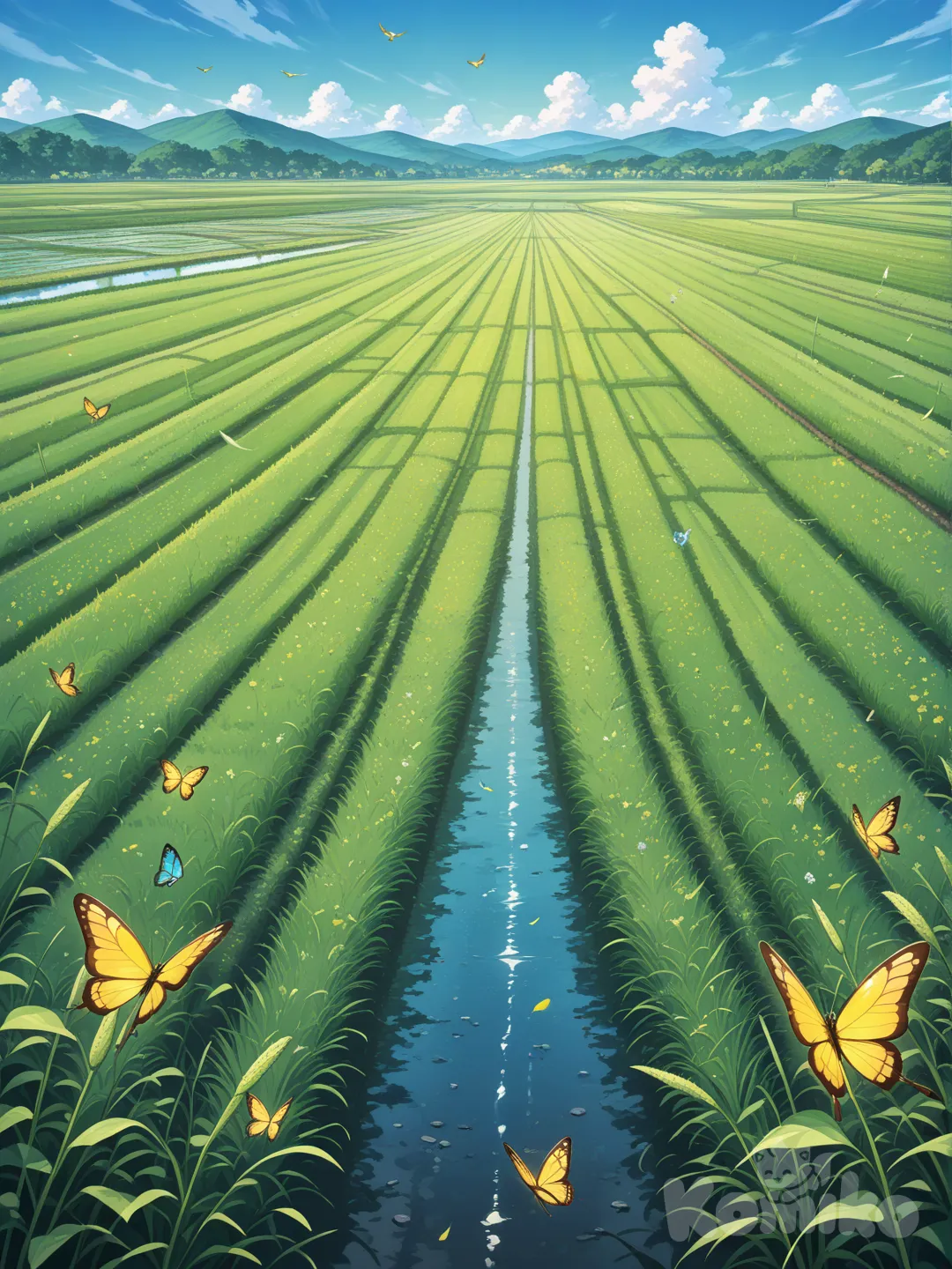 Đồng xanh,lúa chín,bướm bay la đà,chim bay