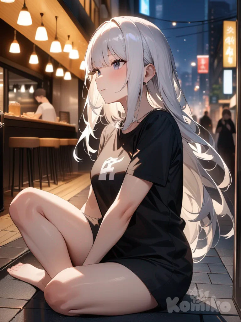 Mulher Cabelo branco longo sem calcinha sitting on the ground, t-shirt, full body, city lights, restaurant