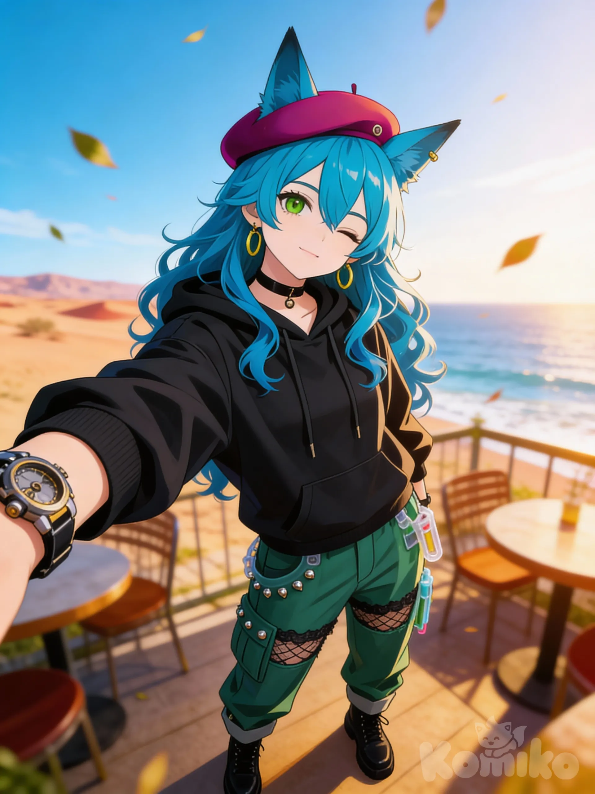 @elara-voss-jute, head tilt, selfie, one eye closed, hoodie, cargo pants, studs, lace, plastic, mechanical watch, fox ears, choker, earrings, beret, gradient, fuchsia, burgundy, full body, looking at viewer, blurred background, depth of day, sle, ambient light, forest, cafe, blue sky, desert, ocean, leaves falling