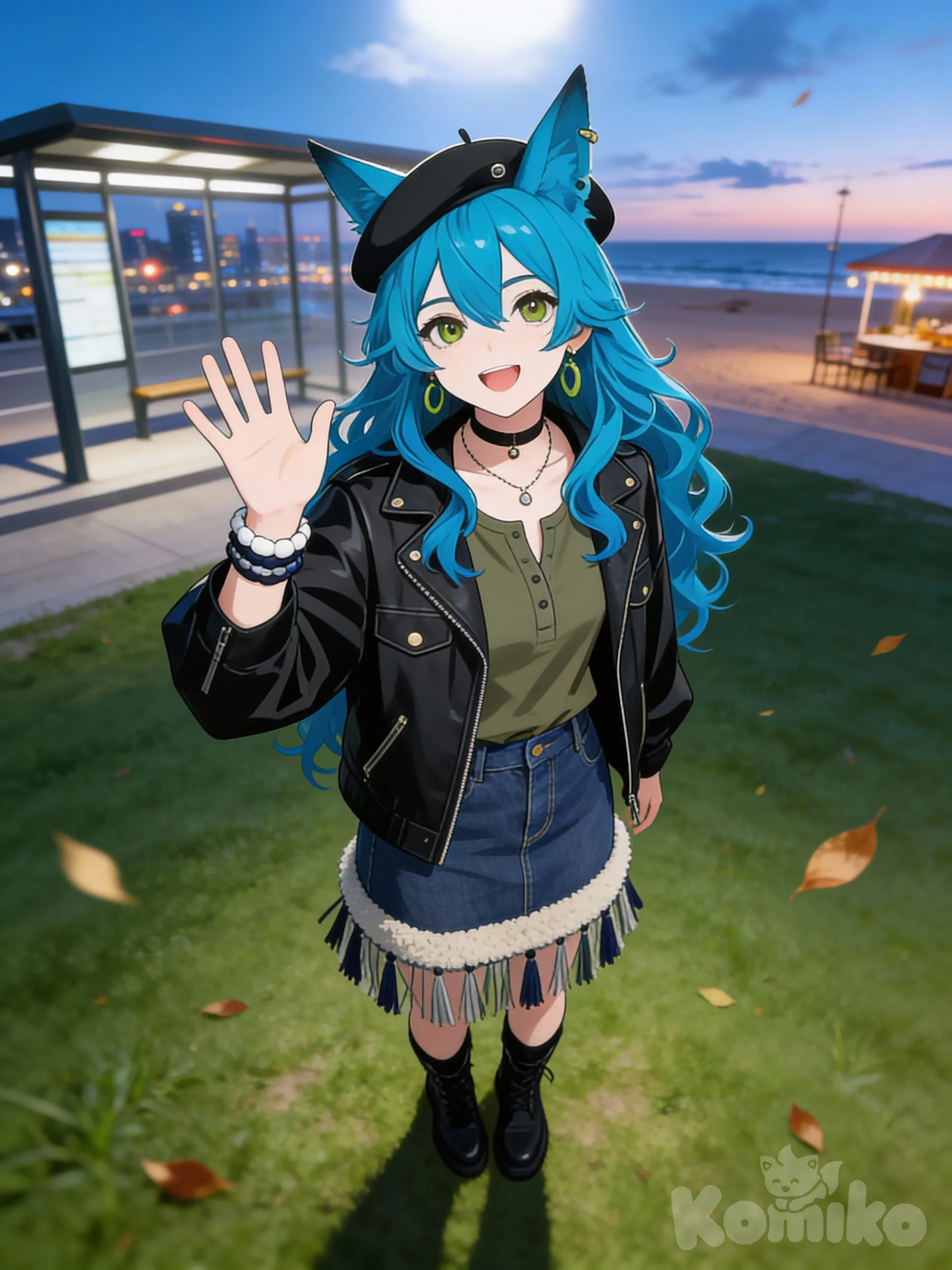 @elara-voss-jute, waving, smile, open mouth, henley shirt, leather jacket, denim skirt, tassels, sherpa, earrings, necklace, beret, fox ears, bracelet, ivory white, charcoal black, navy blue, olive green, from above, blurred background, top light, day, sle, twilight, light, city lights, rim light, cityscape, leaves falling, bus stop, grassland, blue sky, gradient background, clean background, cloud, cafe, desert, ocean, from below, depth of field