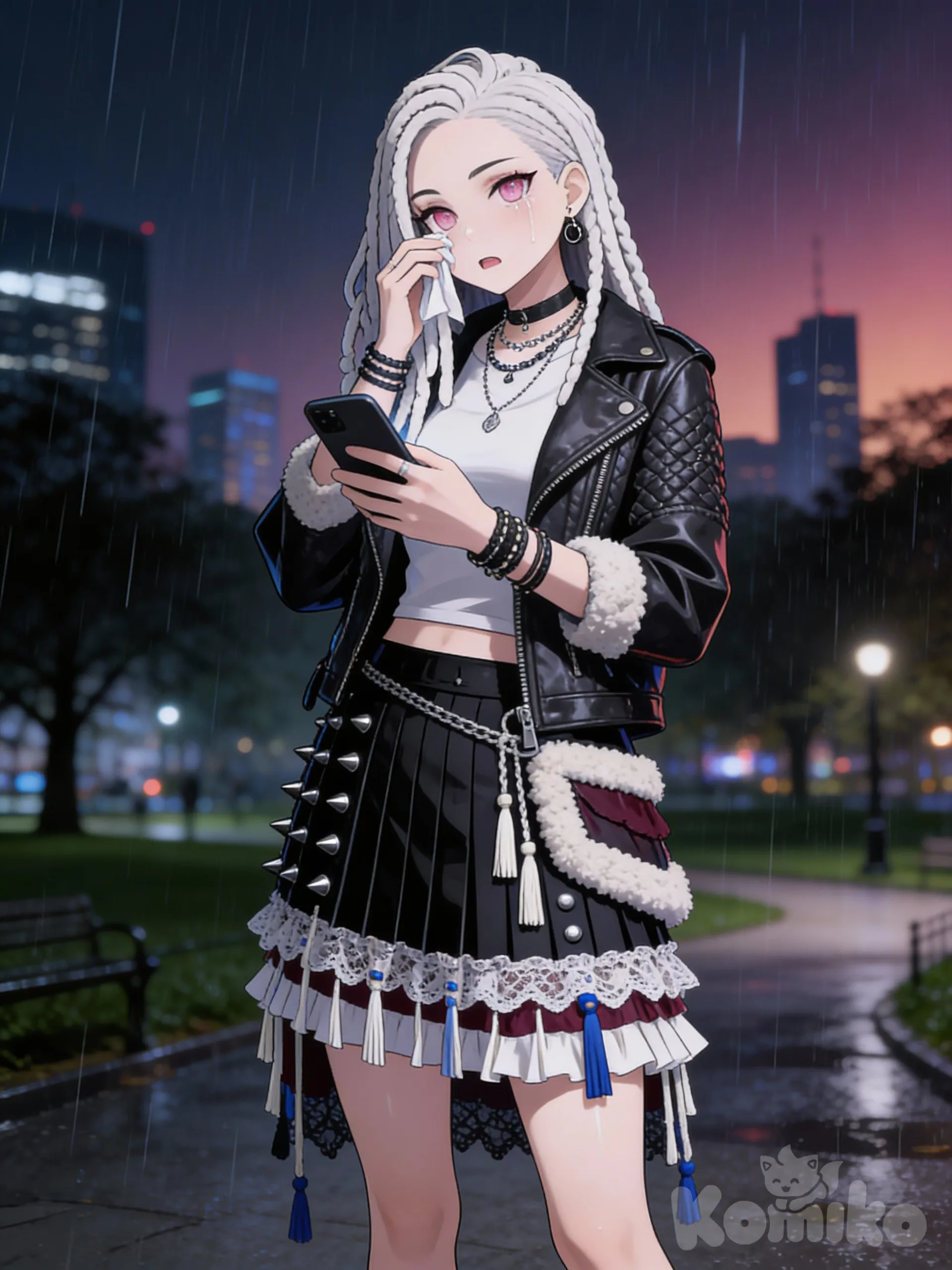 @dzhoana-raver-e6J2, head tilt, looking at phone, shocked, expressionless, t-shirt, leather jacket, pleated skirt, plastic, studs, tassels, ruffles, lace, sherpa, jewelry, choker, necklace, earrings, bracelet, charcoal black, ivory white, burgundy, klein blue, upper body, full body, depth of wide shot, night, cinematic lighting, cityscape, gradient background, rainy, park, wiping tears