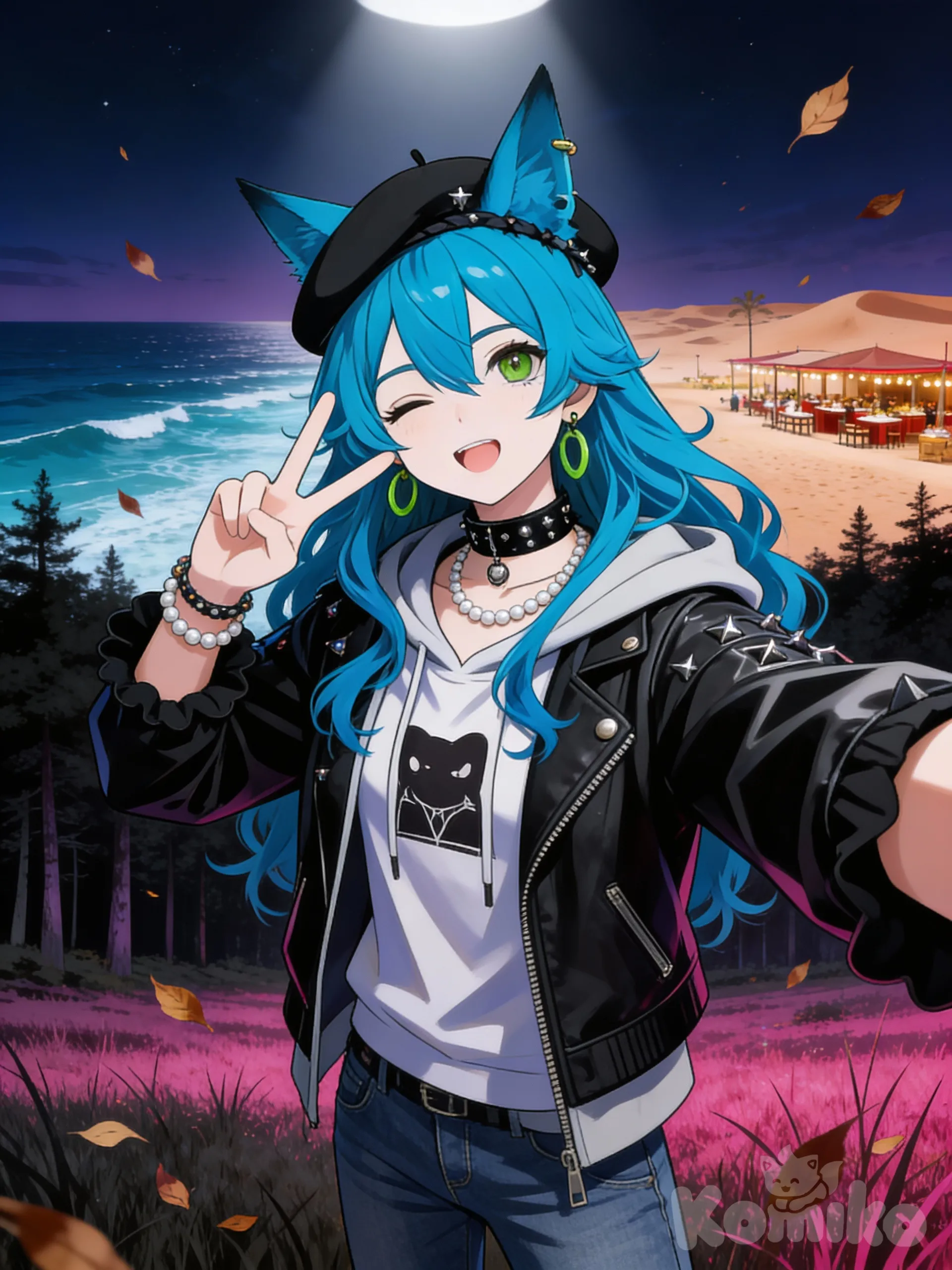 @elara-voss-jute, v sign, selfie, smile, disappointed, open mouth, one eye closed, hoodie, t-shirt, leather jacket, jeans, casual pants, studs, plastic, choker, earrings, neckberet, pearls, fox ears, bracelet, jewelry, wide shot, full body, looking at viewer, depth of night, twilight, sle, cinematic lighting, top light, ambient light, ocean, desert, restaurant, leaves falling, grassland, forest, field, fuchsia, charcoal black, ruffles