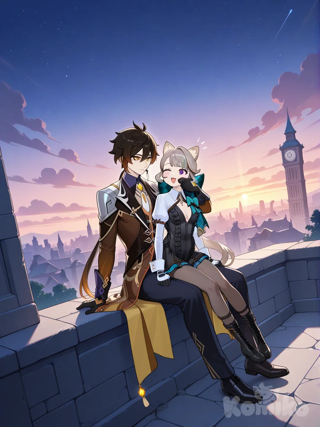 1boy, 1girl, 2people, @Lynette_(Genshin_Impact), @Zhongli_(Genshin_Impact), face pinching, holding hands, sitting on lap, disappointed, smile, laughing, shocked, expressionless, full body, wide shot, blurred background, top light, twilight, night, neon lights, city lights, cityscape, grassland, forest, ruins, garden, lake, cave, clock tower, field, gradient background, clean background, cloud