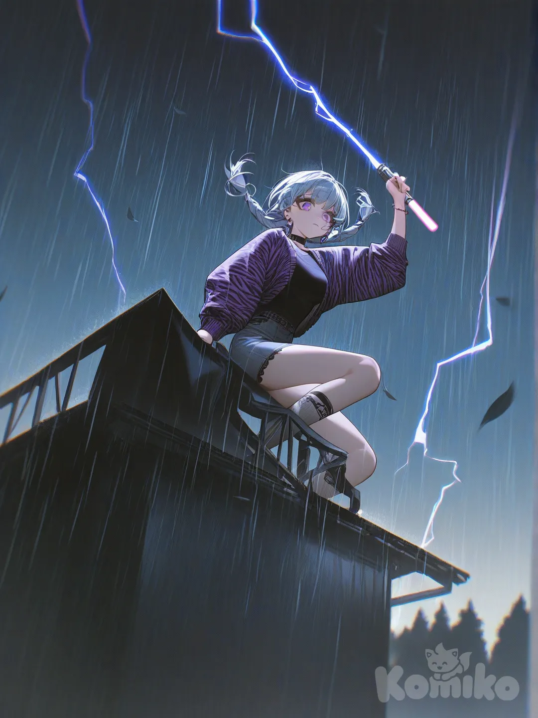 holding pirple light sword, jumping from rooftop, wiping tears, smile, frown, expressionless, smirk, shocked, depressed, disappointed, henley shirt, knitted cardigan, denim skirt, plastic, lace, studs, zebra print, sherpa, choker, earrings, jewelry, quartz watch, knee-high socks, bracelet, full body, depth of blurred background, cowboy shot, from below, day, light, rim light, top light, ambient light, forest, grassland, blue sky, leaves falling, rainy, гроза, эпично, грозно, бой, [high-contrast-glossy-style], @laykera-BDkP(белые волосы заплетённые две косички с светло-голубыми прядями, фиолетовые глаза)