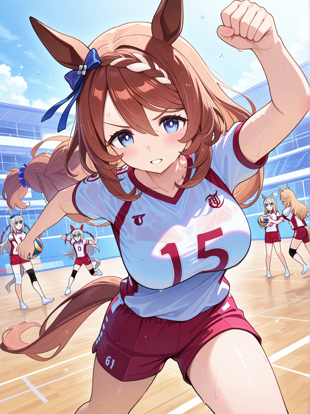 oguri cap (umamusume), tamamo cross (umamusume), volleyball, volleyball uniform, super creek (umamusume), gold city (umamusume)