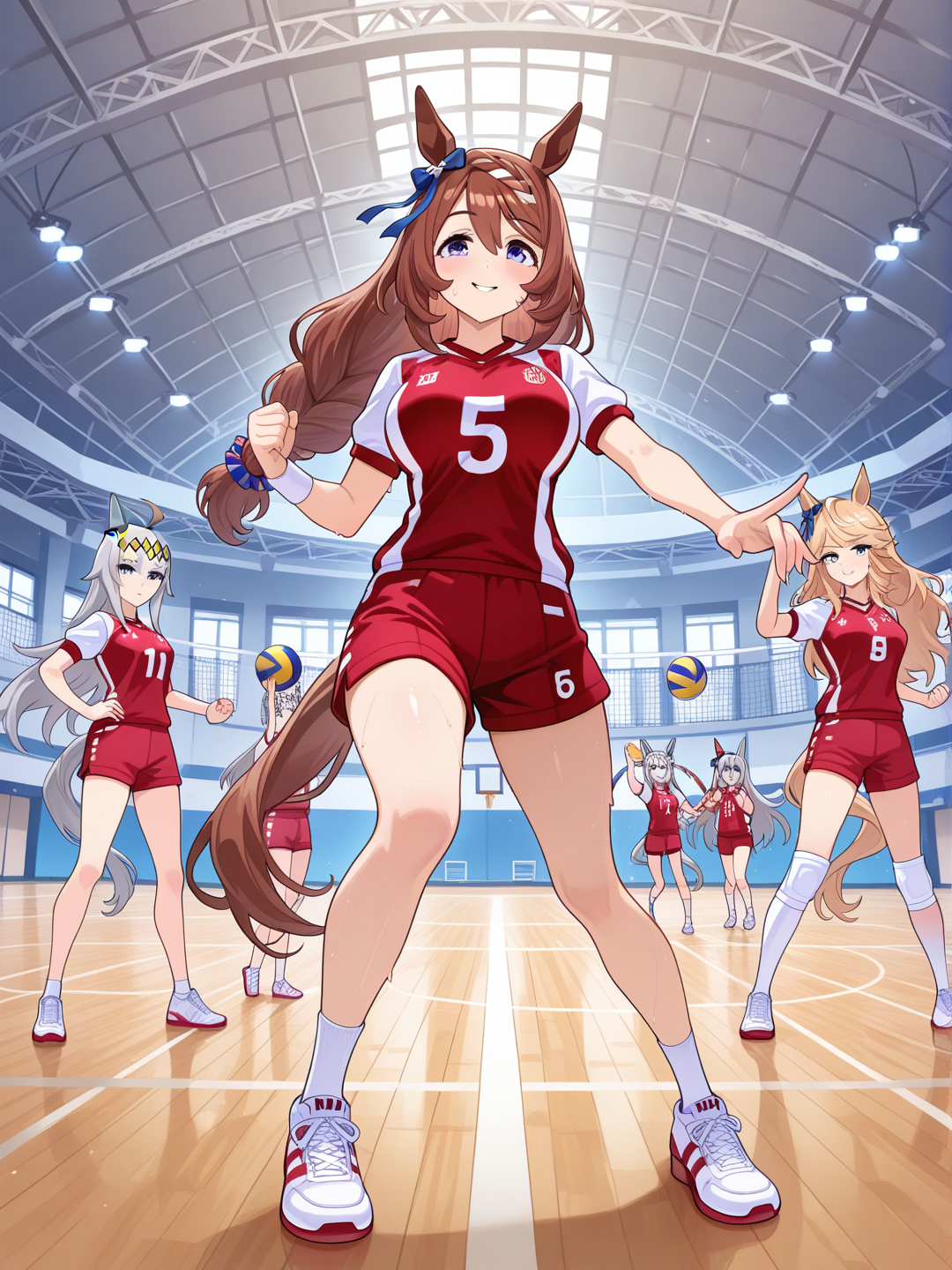 oguri cap (umamusume), tamamo cross (umamusume), volleyball, volleyball uniform, super creek (umamusume), gold city (umamusume), gold ship (umamusume)