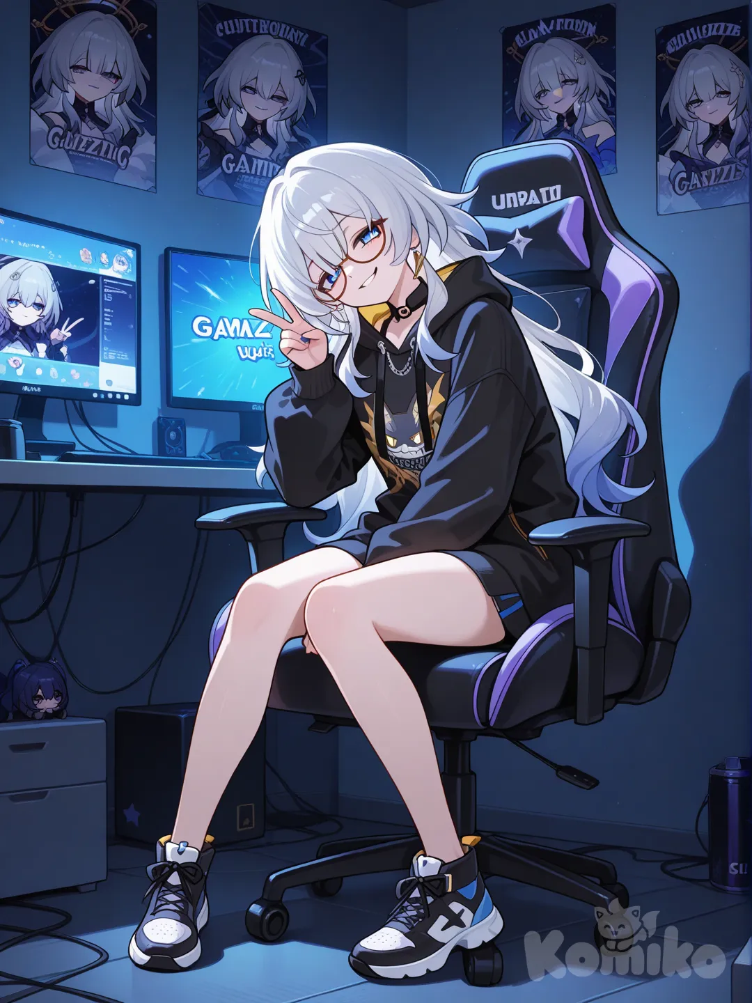 sle in home white hair, gaming chair
