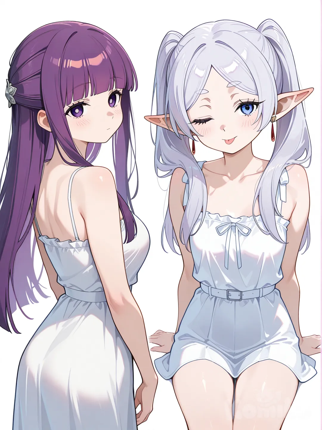 Frieren, white background, multiview, cute, skinny, tongue out to the side, wink, one eye half closed, Fern (Sousou No Frieren)