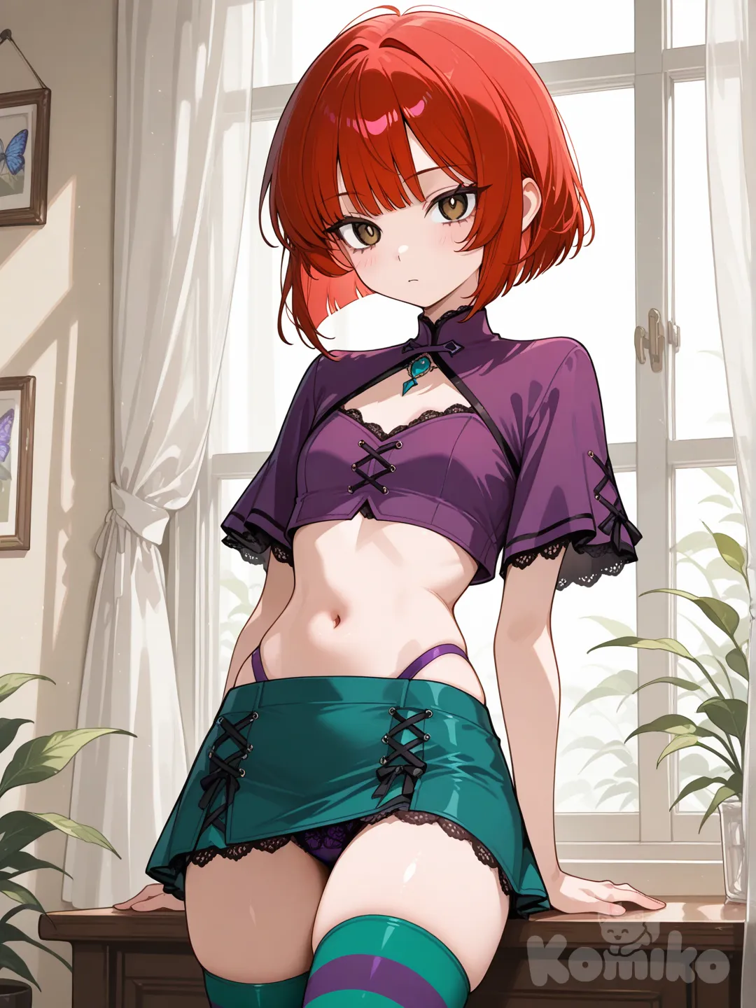 Will Vandom "Witch"
A slender girl with bright red hair and large brown eyes. Стрижка каре
Will's guardian outfit consists of a purple, waist-length top with flared sleeves, a sea-green miniskirt, and green-and-blue striped tights. Like the other guardians, she wears purple underwear with lace trim.