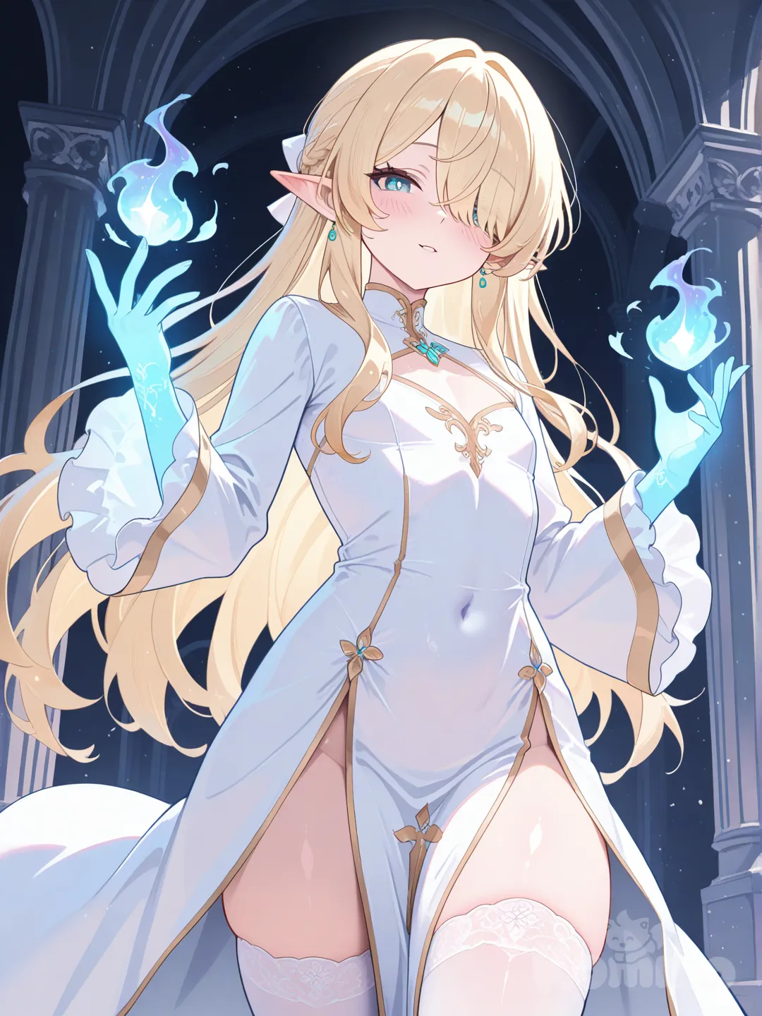 Elf femboy, crossdressing, 1boy, priestess outfit, healing magic, hair over one eye, blonde