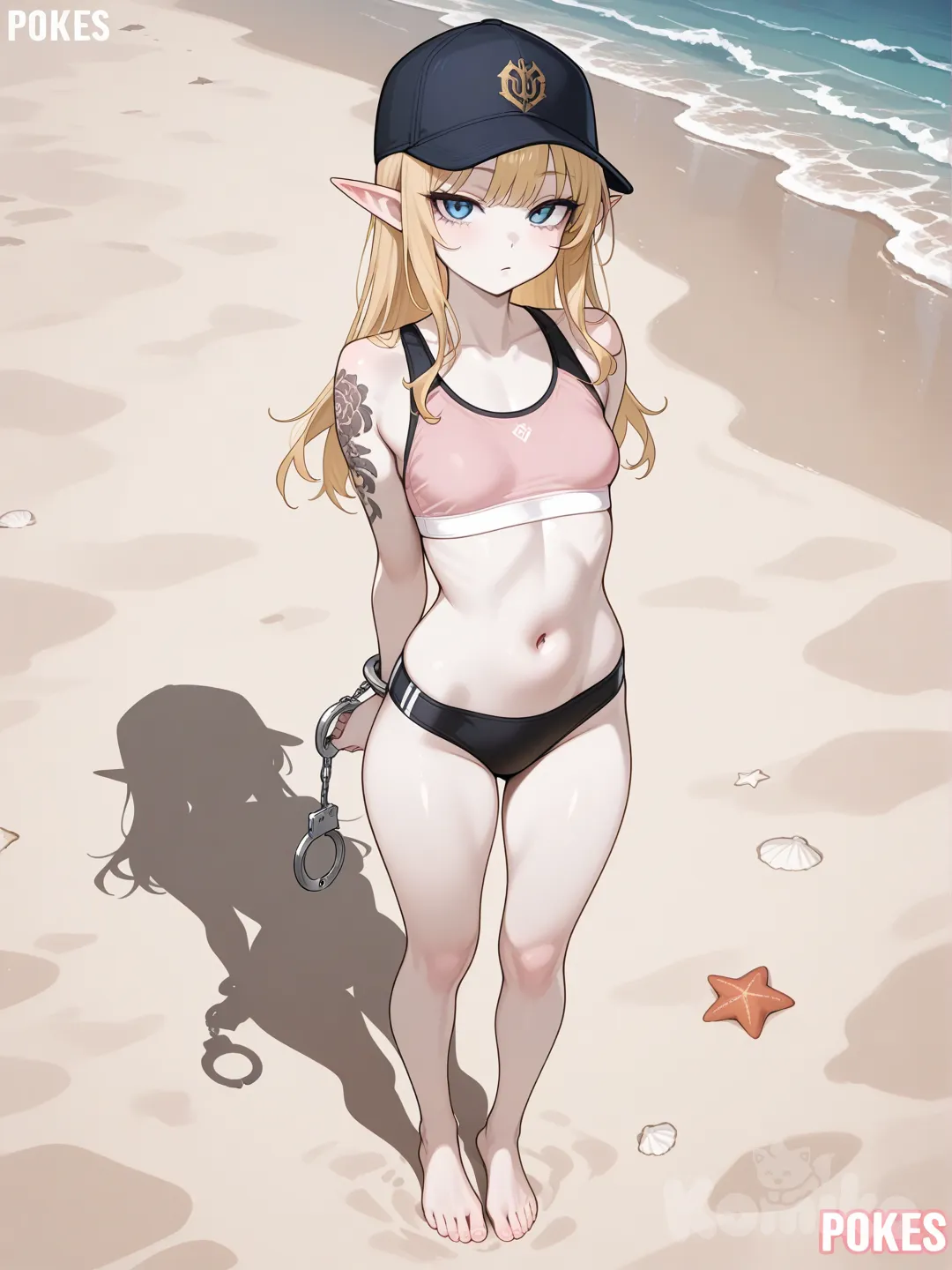 Ельф small tits, pale pink sports bra, handcuffed, arms behind back, pokies, thin black bikini, blonde hair, sports hat, white, beach, belly button focus, tattoos above bra, detained, seductive, blue eyes, full body, athletic, standing, barefoot