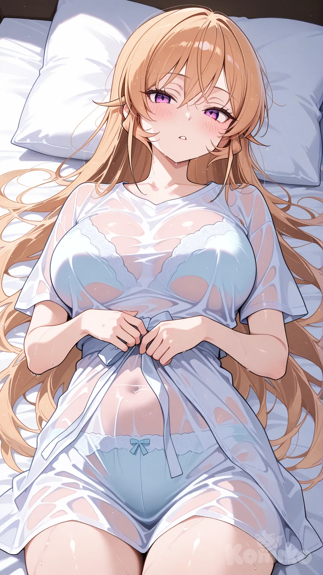 nakiri erina, large breasts, wet clothes, in bed