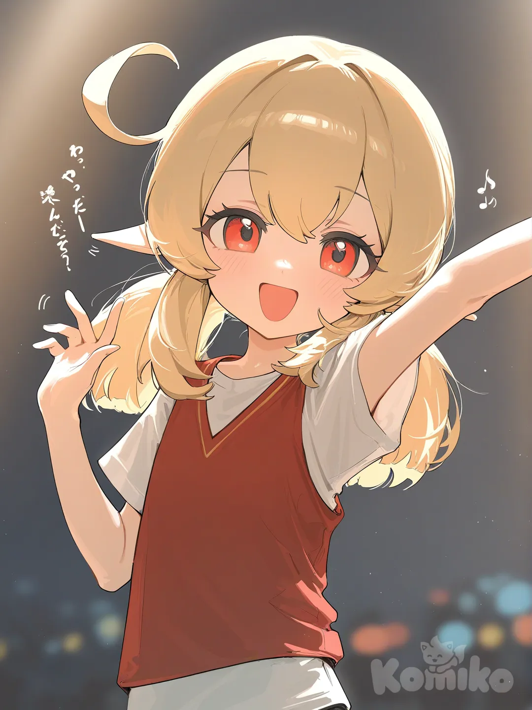 @Klee_(Genshin_Impact), [vibrant-anime-style], waving, singing, dancing, t-shirt, vest, headshot