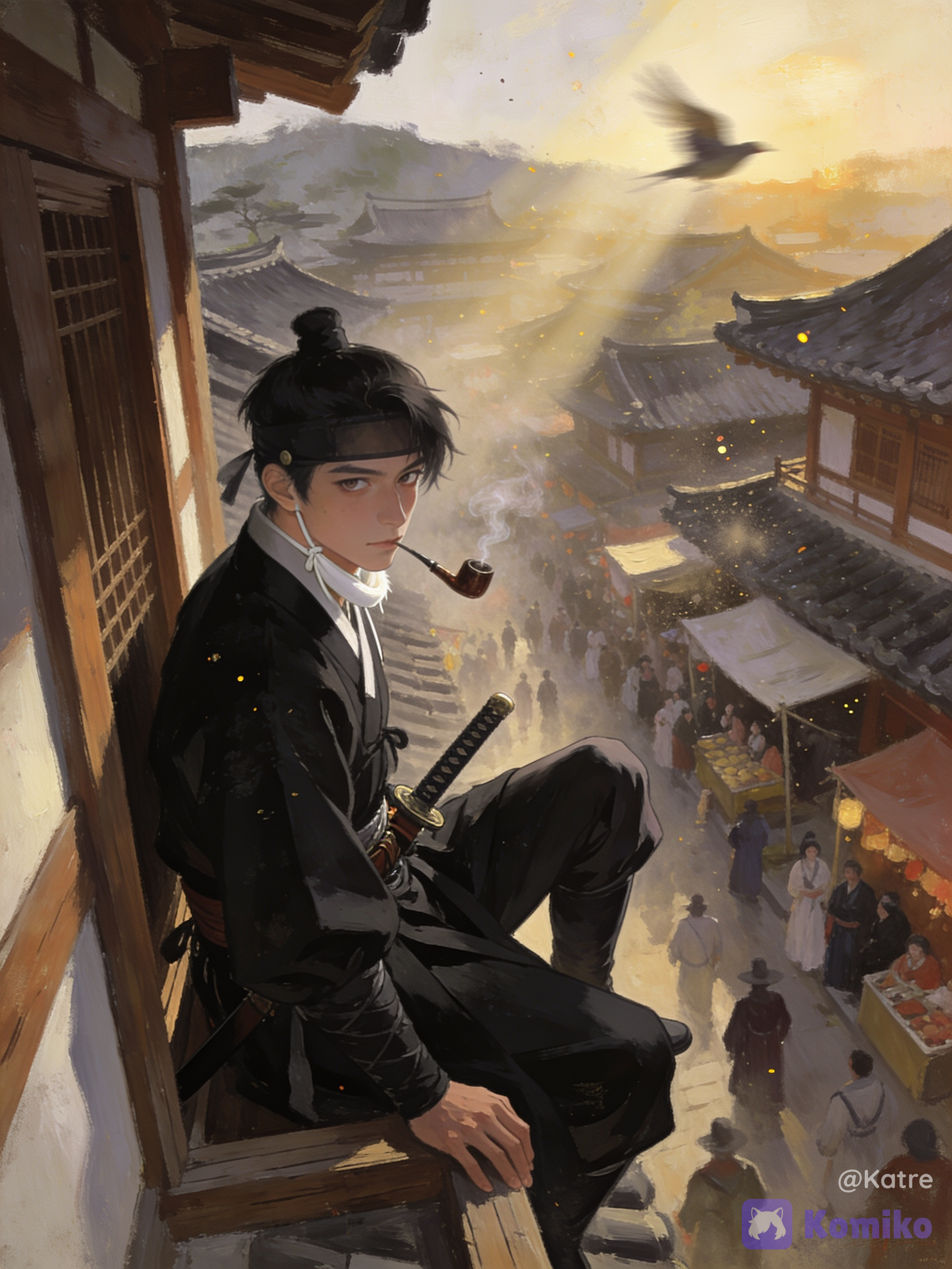 1boy, solo, korean, joseon dynasty, historical korean clothing, gat, black hanbok, traditional robe, wide-brimmed hat, white chin strap, black hair, handsome young man, sharp eyes, calm expression, looking at viewer, smoking pipe, tobacco pipe, sitting on wooden window frame, perched high above street, katana, sheathed sword, sword at waist, assassin, ronin, wandering swordsman, mysterious traveler, elegant posture, relaxed pose, one leg raised, side view, high angle, overlooking crowd, bustling marketplace, traditional korean town, old city, wooden buildings, tiled roofs, market stalls, spectators, historical architecture, street scene, crowd below, bird flying, motion blur, depth of field, cinematic perspective, environmental storytelling, golden hour, warm sunlight, god rays, soft lighting, atmospheric perspective, dust particles, volumetric lighting, painterly style, oil painting texture, brush strokes, muted colors, earthy palette, historical fantasy, serene atmosphere, quiet tension, absurdres, ultra extremely cinematic composition, professional artwork, premium visual quality, realistic anatomy, realistic face, realistic hands, clothing folds, intricate fabric texture, architecture, anime realism, semi-realistic, fine art illustration, [gothic-oil-painting-style]