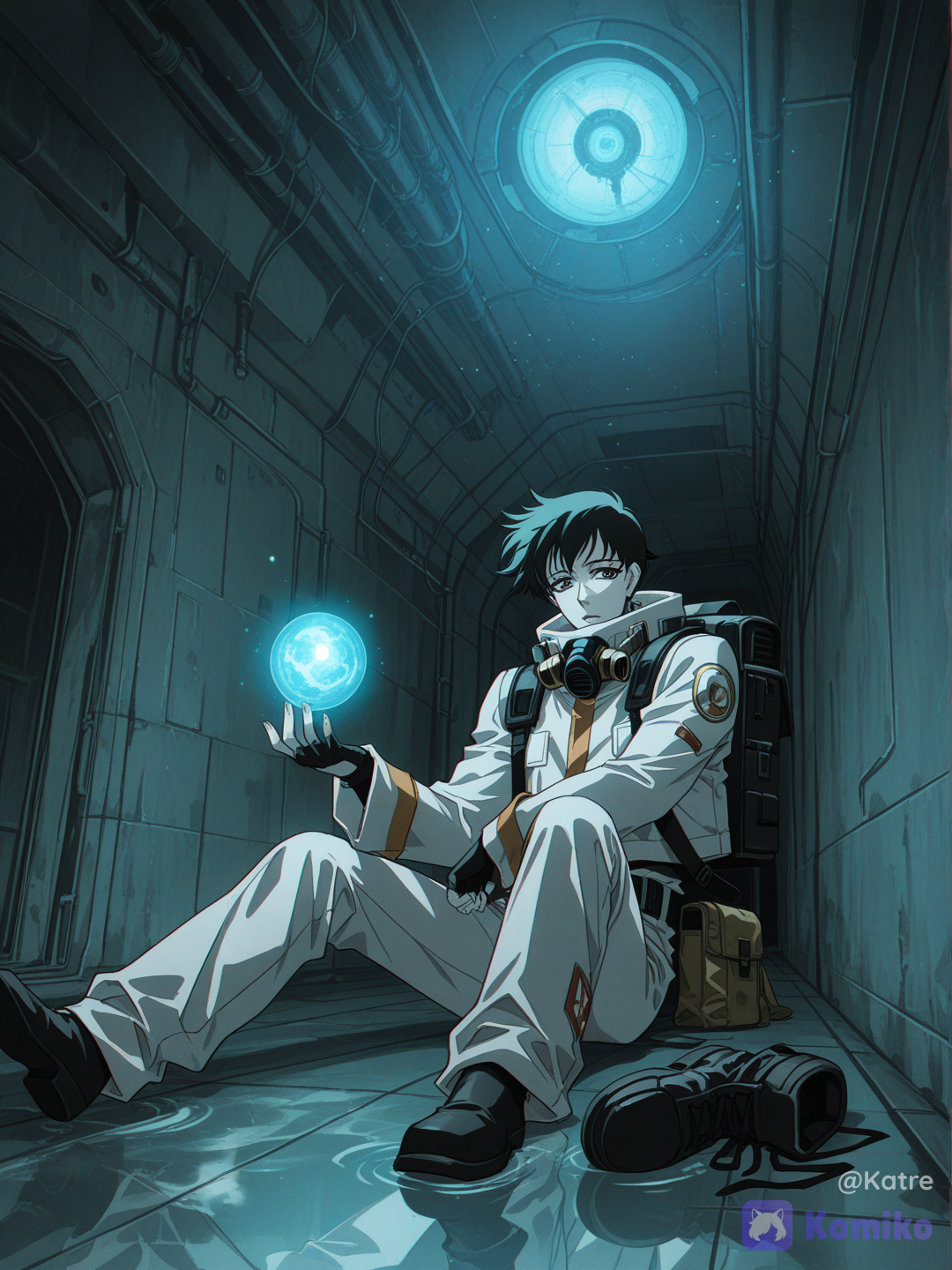 @magnus-kane-z5Tz, solo, original character, young male, slim athletic build, short messy black hair, pale skin, calm expression, sitting, looking at glowing orb in hand, retro 90s anime style, cel shading, vintage anime, 90s OVA aesthetic, film grain, VHS effect, muted colors, hand-painted backgrounds, soft color bleeding, retro color palette, subtle chromatic aberration, hazmat suit, retro sci-fi protective suit, gas mask hanging on neck, utility backpack, fingerless gloves, worn boots, futuristic explorer, urban explorer, inside massive underground sewer tunnel, circular concrete tunnel, rusty ladder, dripping water, flooded floor, reflections, damp walls, abandoned underground facility, mysterious atmosphere, glowing blue energy sphere, soft blue light illuminating face, floating dust particles, cinematic shadows, god rays, volumetric lighting, high contrast, environmental storytelling, loneliness, liminal space, post-apocalyptic, quiet exploration, analog horror vibes, mysterious sci-fi, nostalgic future, melancholic mood, absurdres, ultra anime realism, highly background, reflections, cinematic composition, professional artwork, [retro-anime-style]