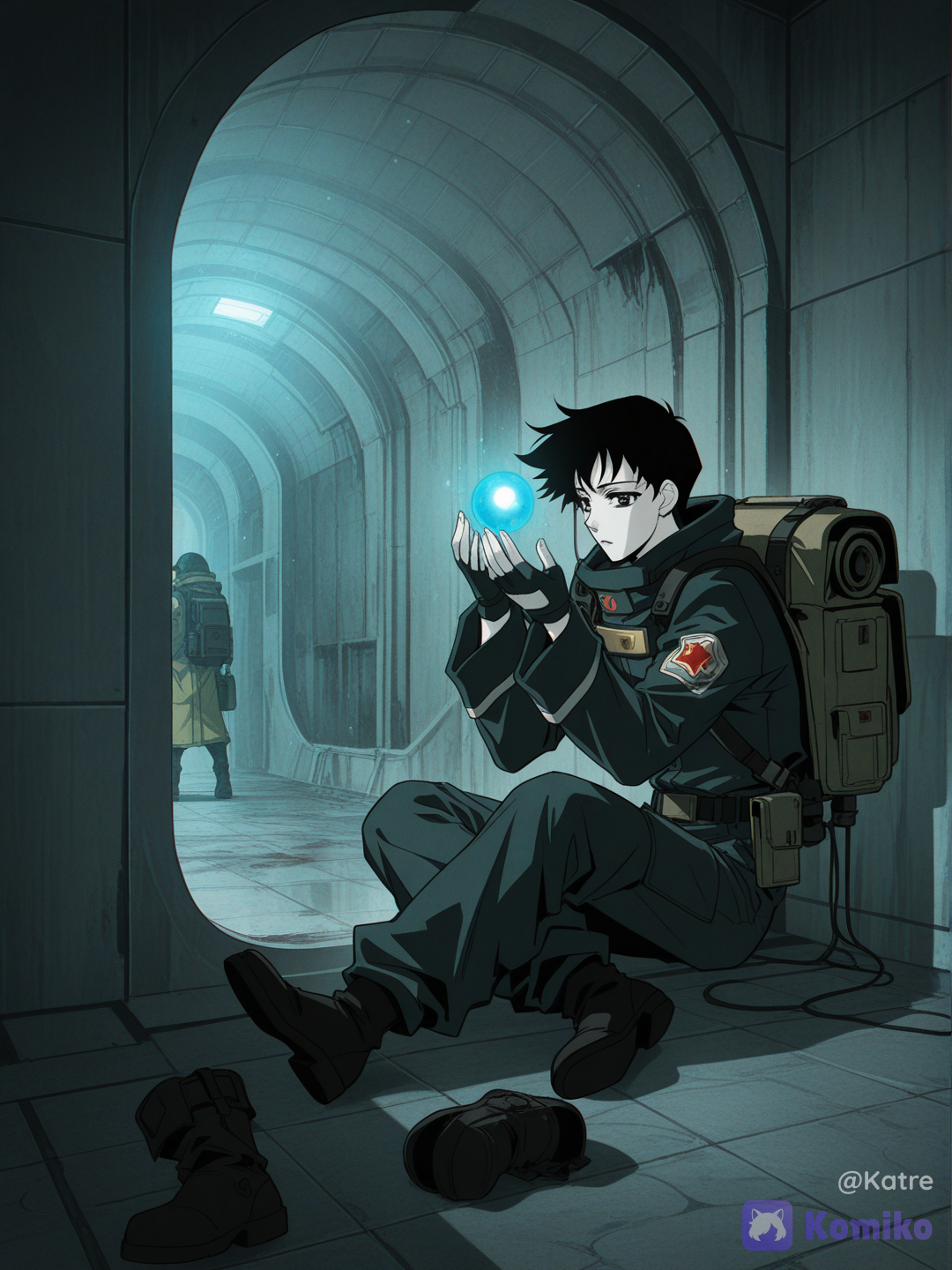 @magnus-kane-z5Tz, solo, original character, young male, slim athletic build, short messy black hair, pale skin, calm expression, sitting, looking at glowing orb in hand, retro 90s anime style, cel shading, vintage anime, 90s OVA aesthetic, film grain, VHS effect, muted colors, hand-painted backgrounds, soft color bleeding, retro color palette, subtle chromatic aberration, hazmat suit, retro sci-fi protective suit, gas mask hanging on neck, utility backpack, fingerless gloves, worn boots, futuristic explorer, urban explorer, inside massive underground sewer tunnel, circular concrete tunnel, rusty ladder, dripping water, flooded floor, reflections, damp walls, abandoned underground facility, mysterious atmosphere, glowing blue energy sphere, soft blue light illuminating face, floating dust particles, cinematic shadows, god rays, volumetric lighting, high contrast, environmental storytelling, loneliness, liminal space, post-apocalyptic, quiet exploration, analog horror vibes, mysterious sci-fi, nostalgic future, melancholic mood, absurdres, ultra anime realism, highly background, reflections, cinematic composition, professional artwork, [retro-anime-style]