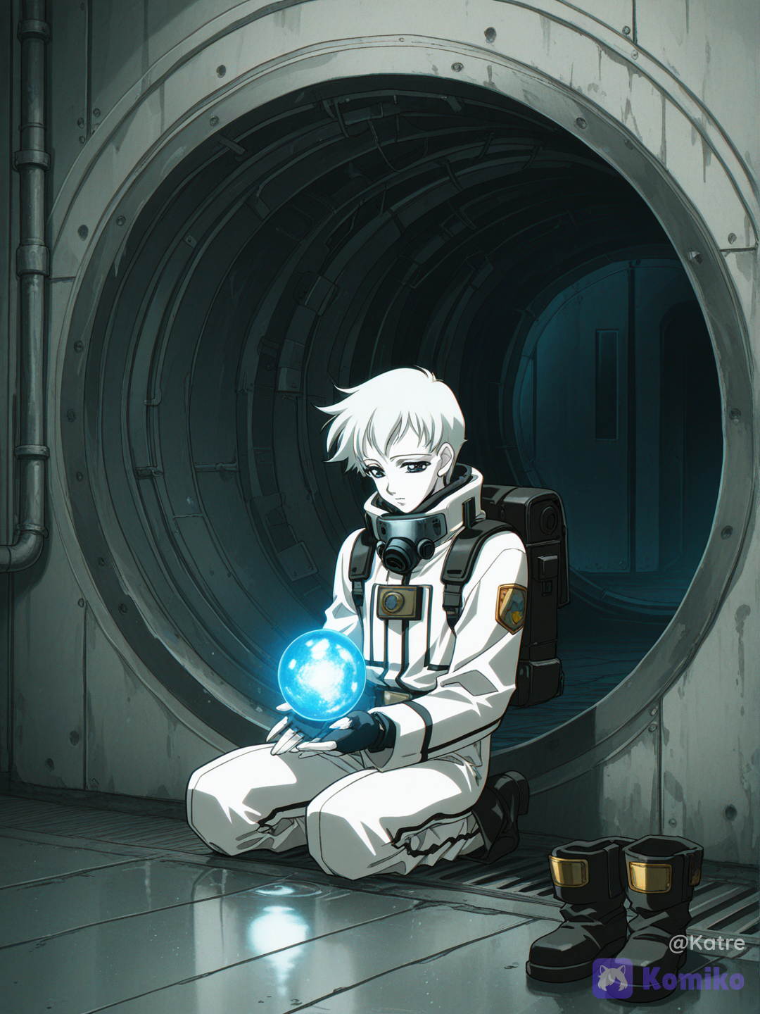 @magnus-kane-z5Tz, solo, original character, young male, slim athletic build, pale skin, calm expression, sitting, looking at glowing orb in hand, retro 90s anime style, cel shading, vintage anime, 90s OVA aesthetic, film grain, VHS effect, muted colors, hand-painted backgrounds, soft color bleeding, retro color palette, subtle chromatic aberration, hazmat suit, retro sci-fi protective suit, gas mask hanging on neck, utility backpack, fingerless gloves, worn boots, futuristic explorer, urban explorer, inside massive underground sewer tunnel, circular concrete tunnel, rusty ladder, dripping water, flooded floor, reflections, damp walls, abandoned underground facility, mysterious atmosphere, glowing blue energy sphere, soft blue light illuminating face, floating dust particles, cinematic shadows, god rays, volumetric lighting, high contrast, environmental storytelling, loneliness, liminal space, post-apocalyptic, quiet exploration, analog horror vibes, mysterious sci-fi, nostalgic future, melancholic mood, absurdres, ultra anime realism, highly background, reflections, cinematic composition, professional artwork, [retro-anime-style]