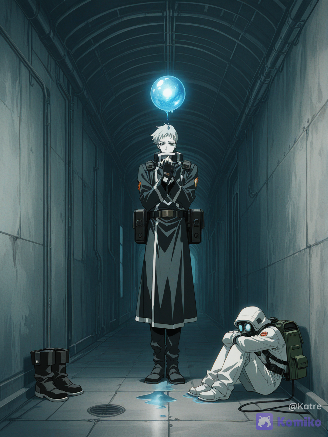 @magnus-kane-z5Tz, solo, original character, young male, slim athletic build, pale skin, calm expression, sitting, looking at glowing orb in hand, retro 90s anime style, cel shading, vintage anime, 90s OVA aesthetic, film grain, VHS effect, muted colors, hand-painted backgrounds, soft color bleeding, retro color palette, subtle chromatic aberration, hazmat suit, retro sci-fi protective suit, gas mask hanging on neck, utility backpack, fingerless gloves, worn boots, futuristic explorer, urban explorer, inside massive underground sewer tunnel, circular concrete tunnel, rusty ladder, dripping water, flooded floor, reflections, damp walls, abandoned underground facility, mysterious atmosphere, glowing blue energy sphere, soft blue light illuminating face, floating dust particles, cinematic shadows, god rays, volumetric lighting, high contrast, environmental storytelling, loneliness, liminal space, post-apocalyptic, quiet exploration, analog horror vibes, mysterious sci-fi, nostalgic future, melancholic mood, absurdres, ultra anime realism, highly background, reflections, cinematic composition, professional artwork, [retro-anime-style]