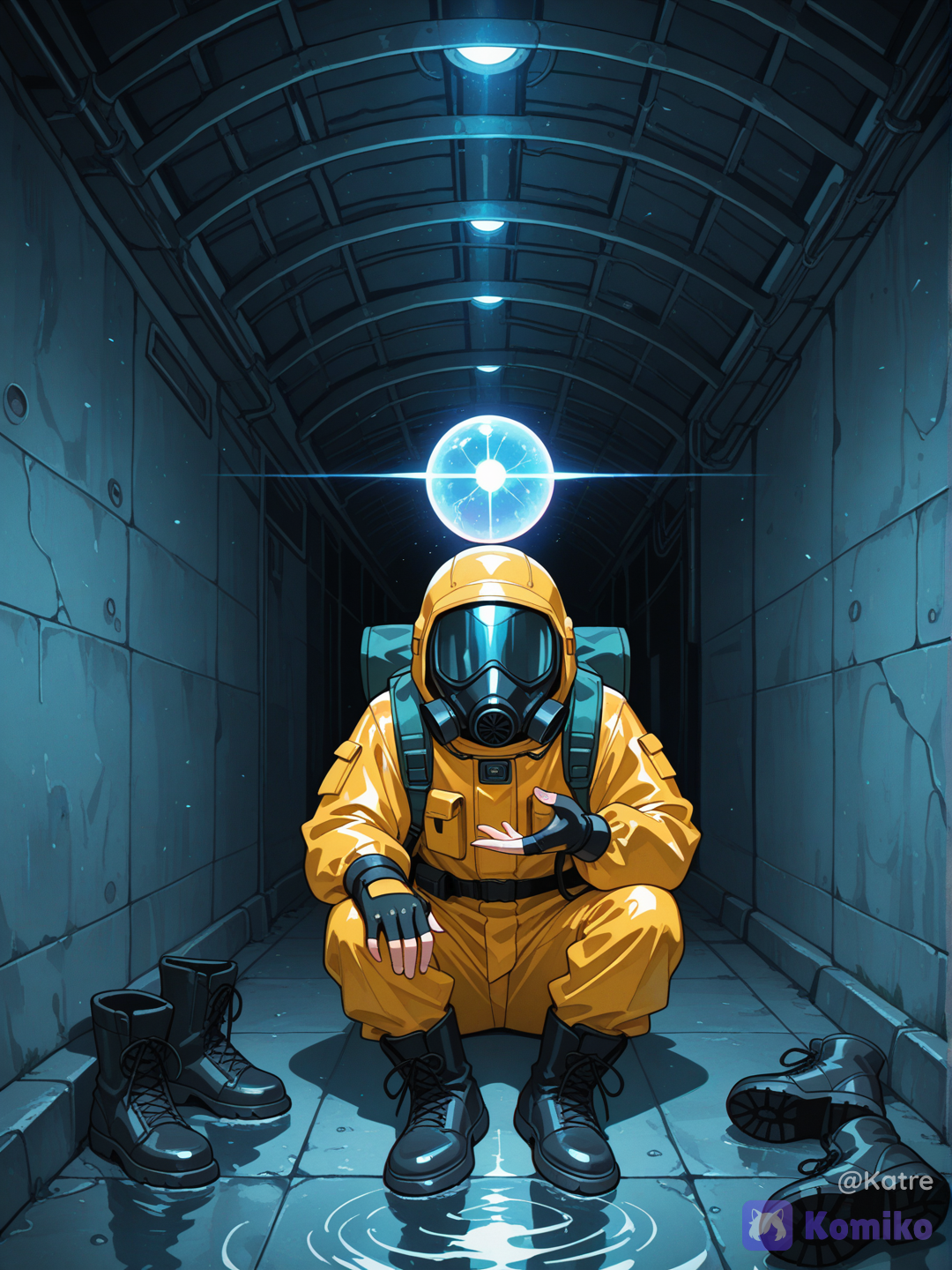 @magnus-kane-z5Tz, solo, original character, young male, slim athletic build, pale skin, calm expression, sitting, looking at glowing orb in hand, retro 90s anime style, cel shading, vintage anime, 90s OVA aesthetic, film grain, VHS effect, muted colors, hand-painted backgrounds, soft color bleeding, retro color palette, subtle chromatic aberration, hazmat suit, retro sci-fi protective suit, gas mask hanging on neck, utility backpack, fingerless gloves, worn boots, futuristic explorer, urban explorer, inside massive underground sewer tunnel, circular concrete tunnel, rusty ladder, dripping water, flooded floor, reflections, damp walls, abandoned underground facility, mysterious atmosphere, glowing blue energy sphere, soft blue light illuminating face, floating dust particles, cinematic shadows, god rays, volumetric lighting, high contrast, environmental storytelling, loneliness, liminal space, post-apocalyptic, quiet exploration, analog horror vibes, mysterious sci-fi, nostalgic future, melancholic mood, absurdres, ultra anime realism, highly background, reflections, cinematic composition, professional artwork
