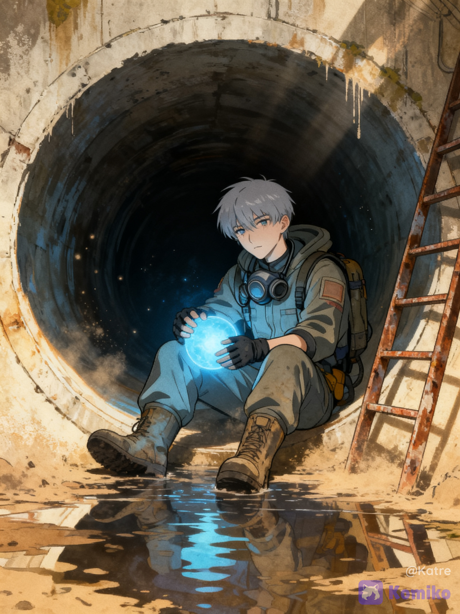@magnus-kane-z5Tz, solo, original character, young male, slim athletic build, pale skin, calm expression, sitting, looking at glowing orb in hand, retro 90s anime style, cel shading, vintage anime, 90s OVA aesthetic, film grain, VHS effect, muted colors, hand-painted backgrounds, soft color bleeding, retro color palette, subtle chromatic aberration, hazmat suit, retro sci-fi protective suit, gas mask hanging on neck, utility backpack, fingerless gloves, worn boots, futuristic explorer, urban explorer, inside massive underground sewer tunnel, circular concrete tunnel, rusty ladder, dripping water, flooded floor, reflections, damp walls, abandoned underground facility, mysterious atmosphere, glowing blue energy sphere, soft blue light illuminating face, floating dust particles, cinematic shadows, god rays, volumetric lighting, high contrast, environmental storytelling, loneliness, liminal space, post-apocalyptic, quiet exploration, analog horror vibes, mysterious sci-fi, nostalgic future, melancholic mood, absurdres, ultra anime realism, highly background, reflections, cinematic composition, professional artwork, [retro-anime-style]