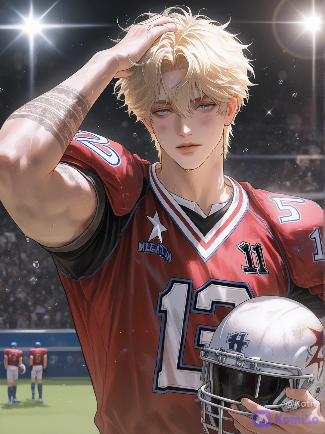 1boy, male_focus, american_football_player, football_uniform, sportswear, helmet, holding_helmet, jersey, red_jersey, number_18, shoulder_pads, muscular_male, athletic, broad_shoulders, toned_body, abs, biceps, tattoos, arm_tattoo, blonde_male, messy_hair, short_hair, serious, stoic, intense_gaze, looking_at_viewer, upper_body, standing, one_arm_raised, hand_on_head, sweat, dirty, exhausted, post_match, dramatic_lighting, sunset_lighting, stadium, crowd, depth_of_field, cinematic, realistic, highly_detailed, photorealistic, handsome_male, ikemen, mature_male, heartthrob, popular_guy, star_player, campus_athlete, golden_boy, boyfriend_material, romance_cover, sports_drama, emotional, melancholic, wounded_hero, [polished-illustration-style]