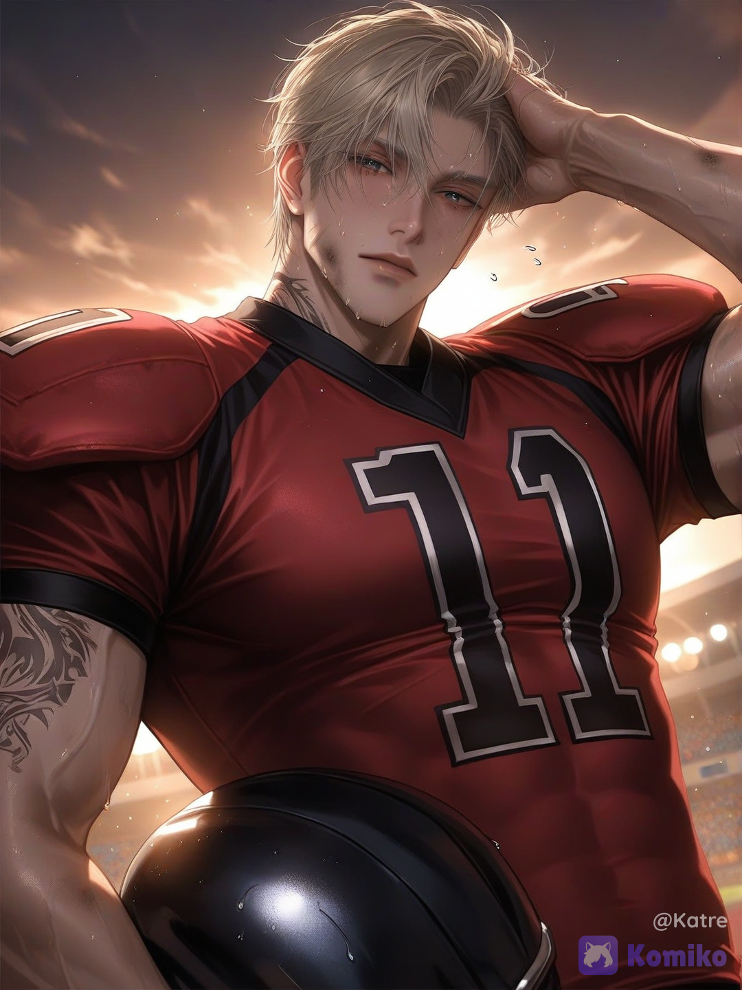 1boy, male_focus, american_football_player, football_uniform, sportswear, helmet, holding_helmet, jersey, red_jersey, number_18, shoulder_pads, muscular_male, athletic, broad_shoulders, toned_body, abs, biceps, tattoos, arm_tattoo, blonde_male, messy_hair, short_hair, serious, stoic, intense_gaze, looking_at_viewer, upper_body, standing, one_arm_raised, hand_on_head, sweat, dirty, exhausted, post_match, dramatic_lighting, sunset_lighting, stadium, crowd, depth_of_field, cinematic, realistic, highly_detailed, photorealistic, handsome_male, ikemen, mature_male, heartthrob, popular_guy, star_player, campus_athlete, golden_boy, boyfriend_material, romance_cover, sports_drama, emotional, melancholic, wounded_hero, [silky-radiance-style]