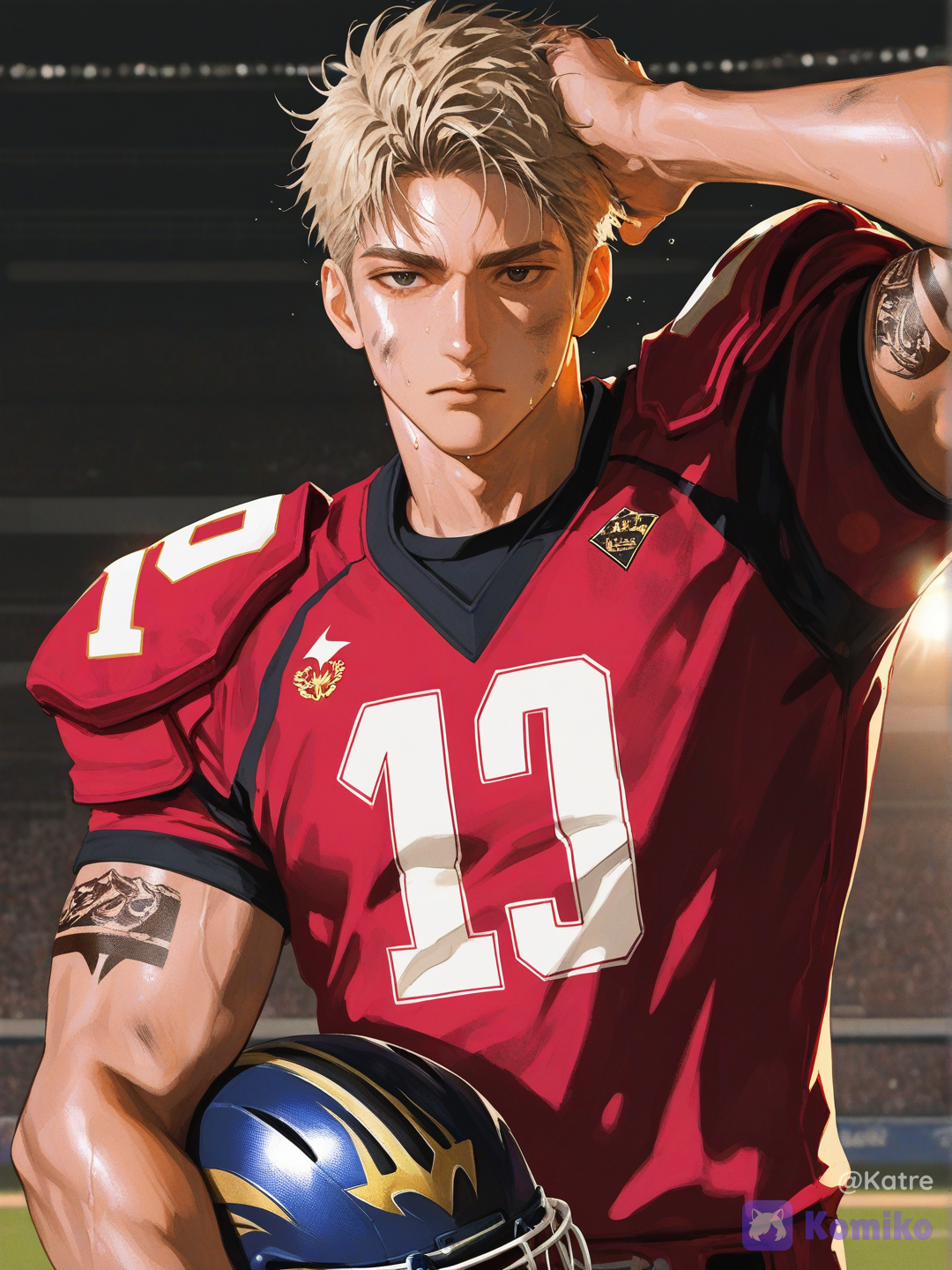 1boy, male_focus, american_football_player, football_uniform, sportswear, helmet, holding_helmet, jersey, red_jersey, number_18, shoulder_pads, muscular_male, athletic, broad_shoulders, toned_body, abs, biceps, tattoos, arm_tattoo, blonde_male, messy_hair, short_hair, serious, stoic, intense_gaze, looking_at_viewer, upper_body, standing, one_arm_raised, hand_on_head, sweat, dirty, exhausted, post_match, dramatic_lighting, sunset_lighting, stadium, crowd, depth_of_field, cinematic, realistic, highly_detailed, photorealistic, handsome_male, ikemen, mature_male, heartthrob, popular_guy, star_player, campus_athlete, golden_boy, boyfriend_material, romance_cover, sports_drama, emotional, melancholic, wounded_hero, [high-contrast-manhwa-style]